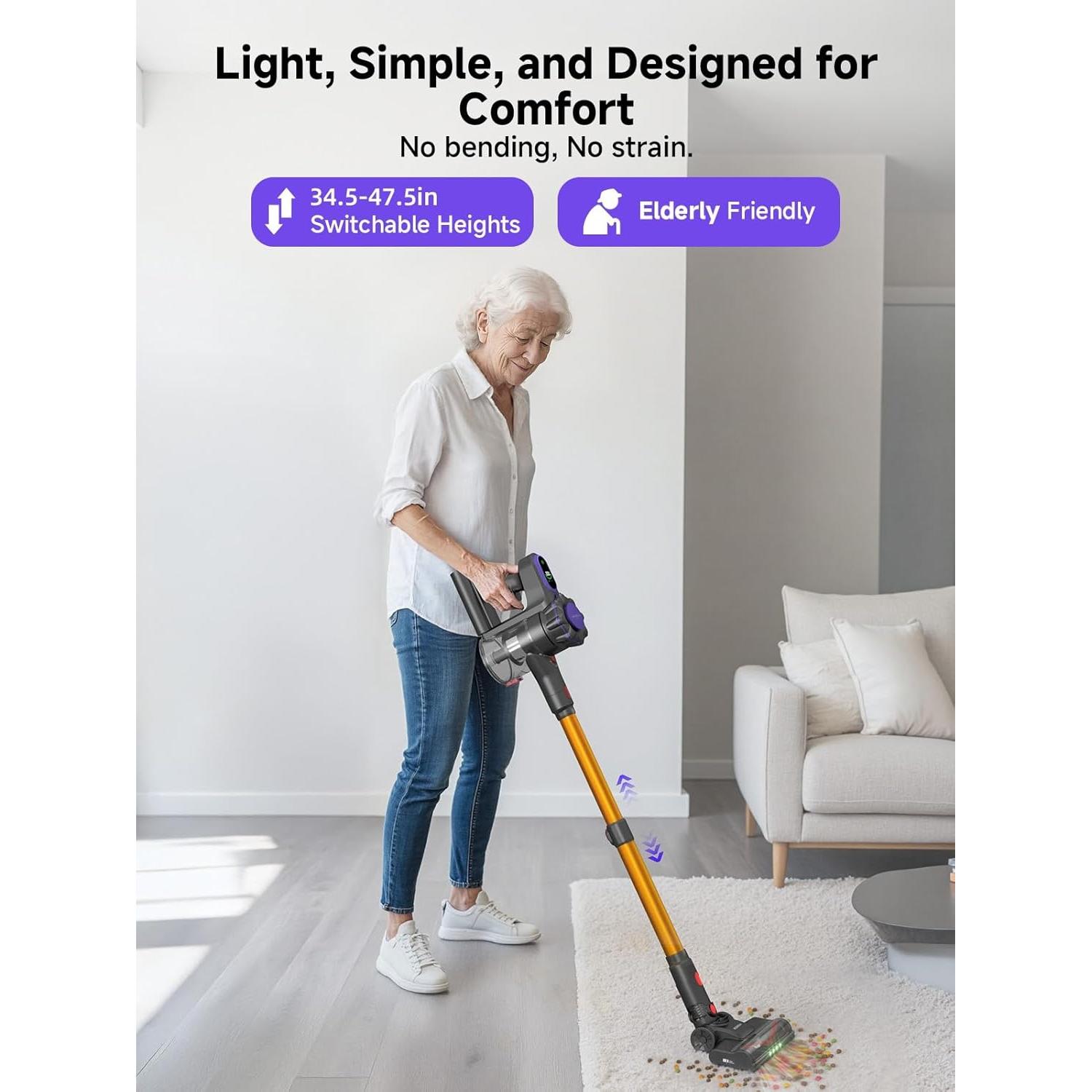 MONSGA Cordless Vacuum Cleaner, 45KPa 400W Stick Vacuum for Home, 50Mins Anti-Tangled Vacuum Cleaner with Charging Dock, Light-weighted Handheld Vacuum for Pet Hair/Carpet/Floor, LED Touch Display,MV3