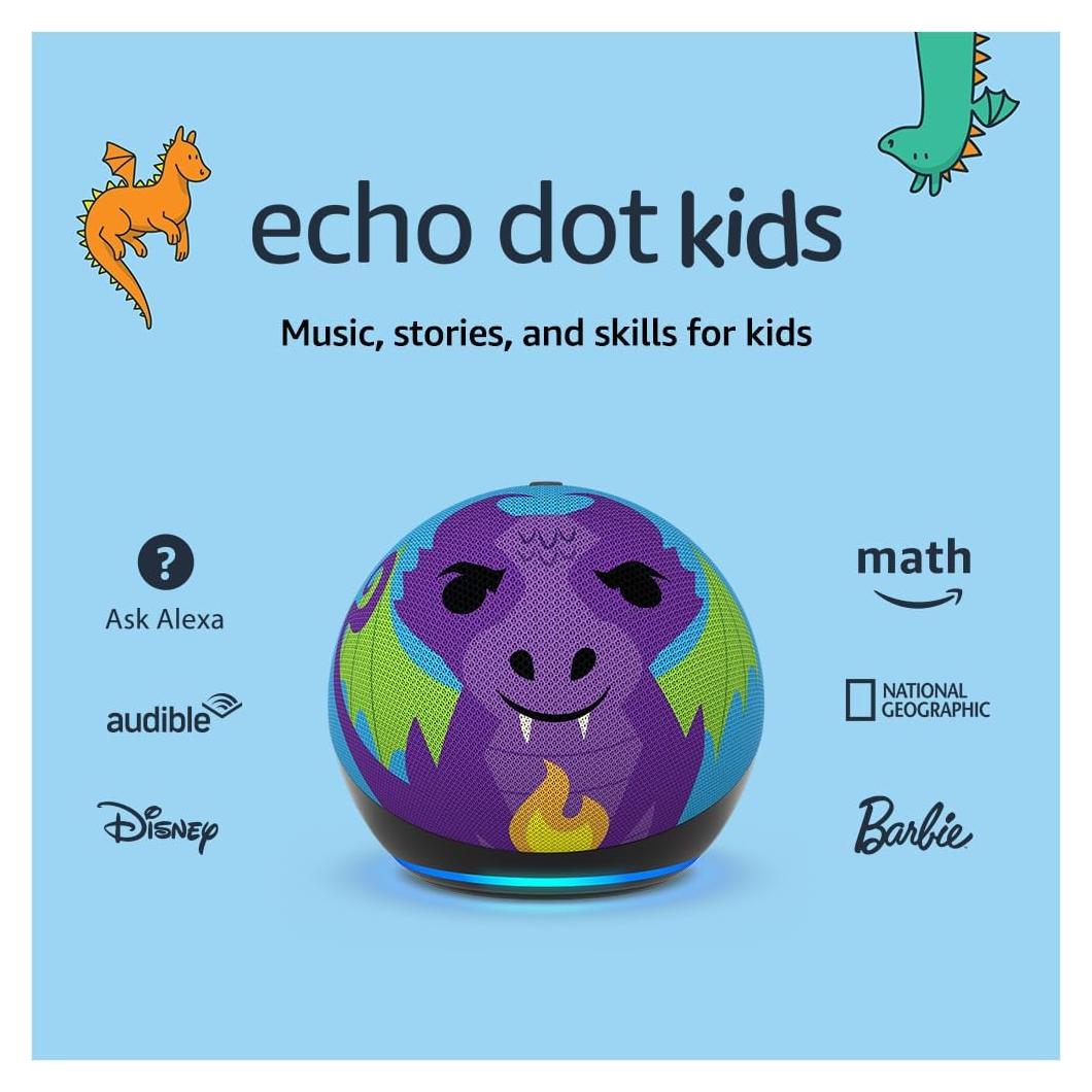 Amazon Echo Dot Kids with Alexa (newest model), Designed for kids, with parental controls, Includes 1 Year of Amazon Kids+, Dragon