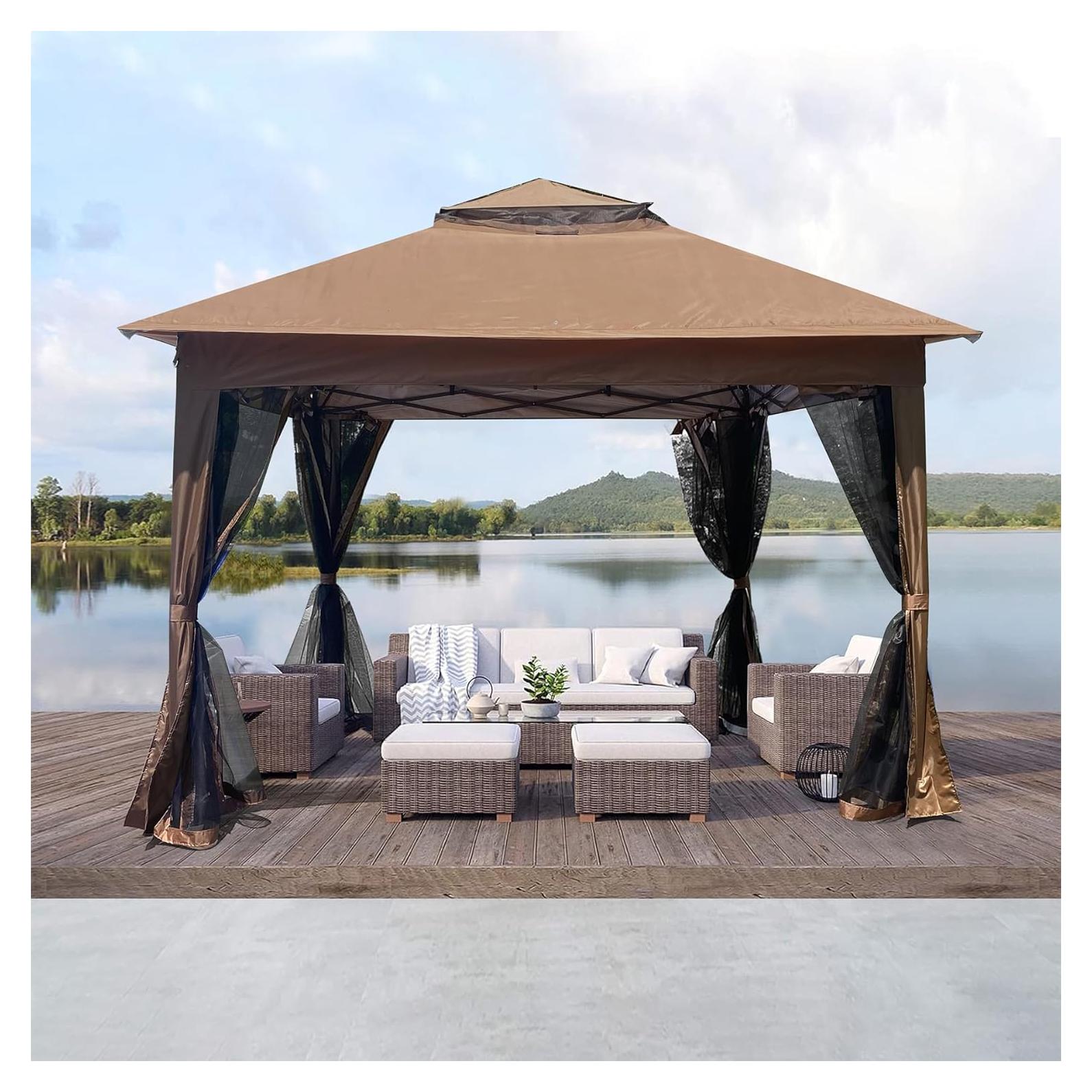 Gazebo Plegable PRINKROOMY 3.35x3.35m Impermeable UV Marrón