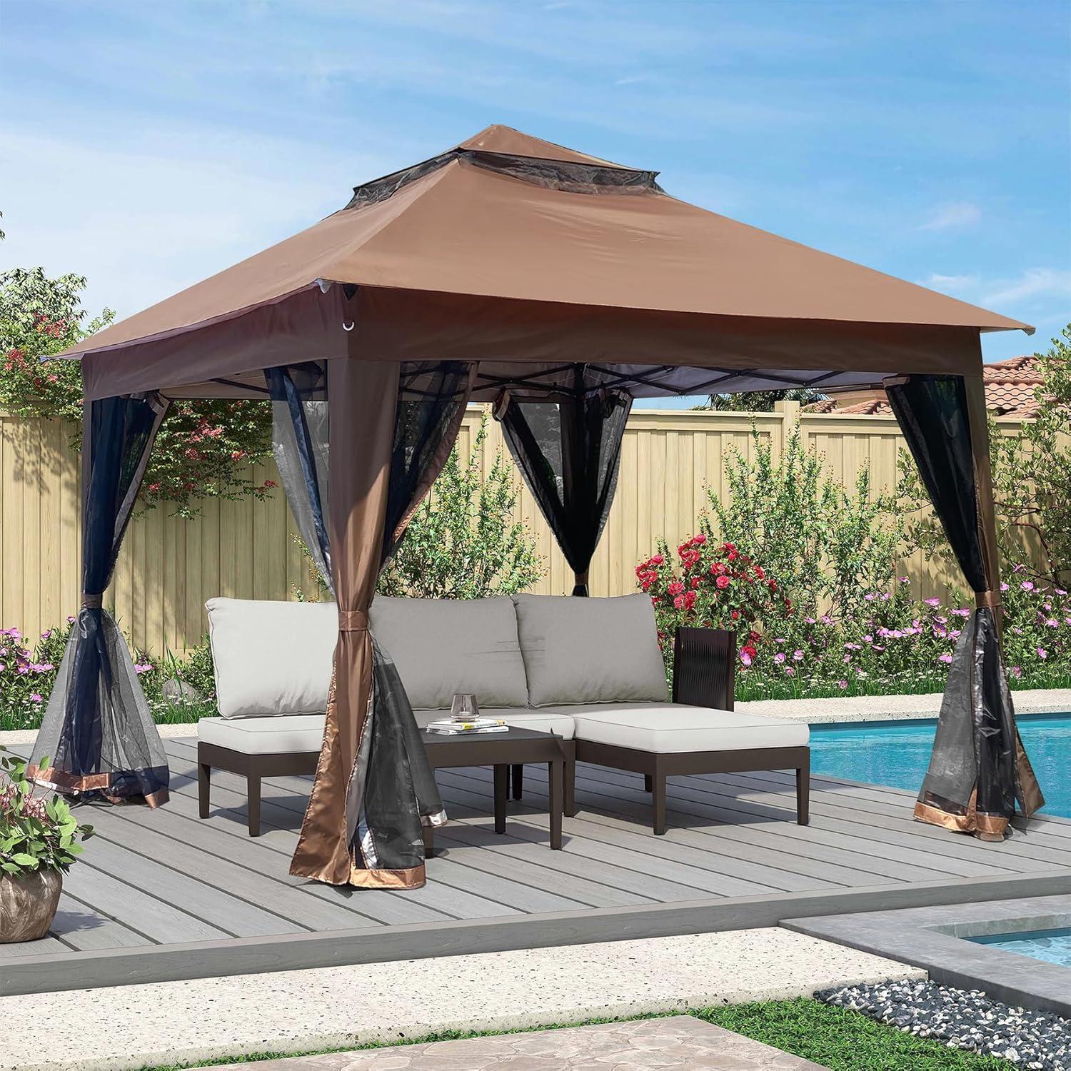 Gazebo Plegable PRINKROOMY 3.35x3.35m Impermeable UV Marrón