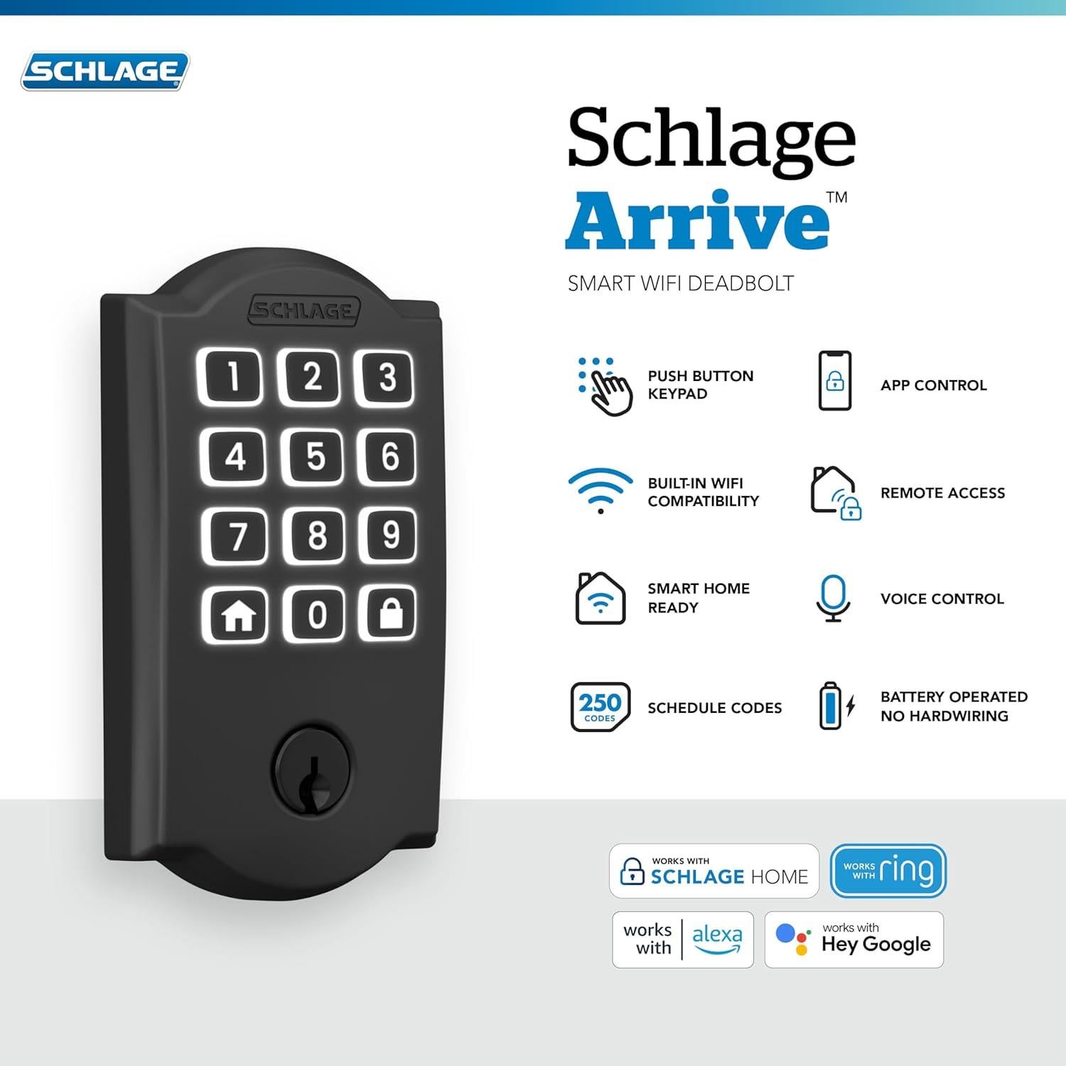 Cerradura Inteligente Schlage Arrive WiFi Camelot, Negro Mate