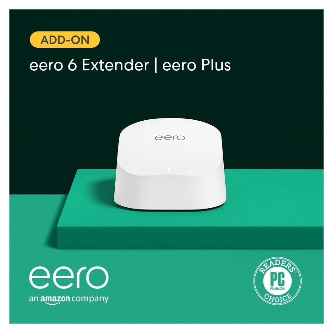 Amazon eero 6 mesh wifi extender with 1-month free eero Plus (auto-renews) - Add up to 1,500 sq. ft. of Wi-Fi 6 coverage to your existing eero mesh wifi network