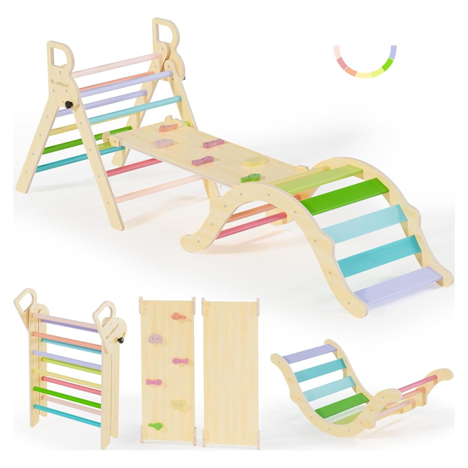 Conjunto Triángulo Pikler BlueWood 7 en 1 para Niños - Primavera Colorida