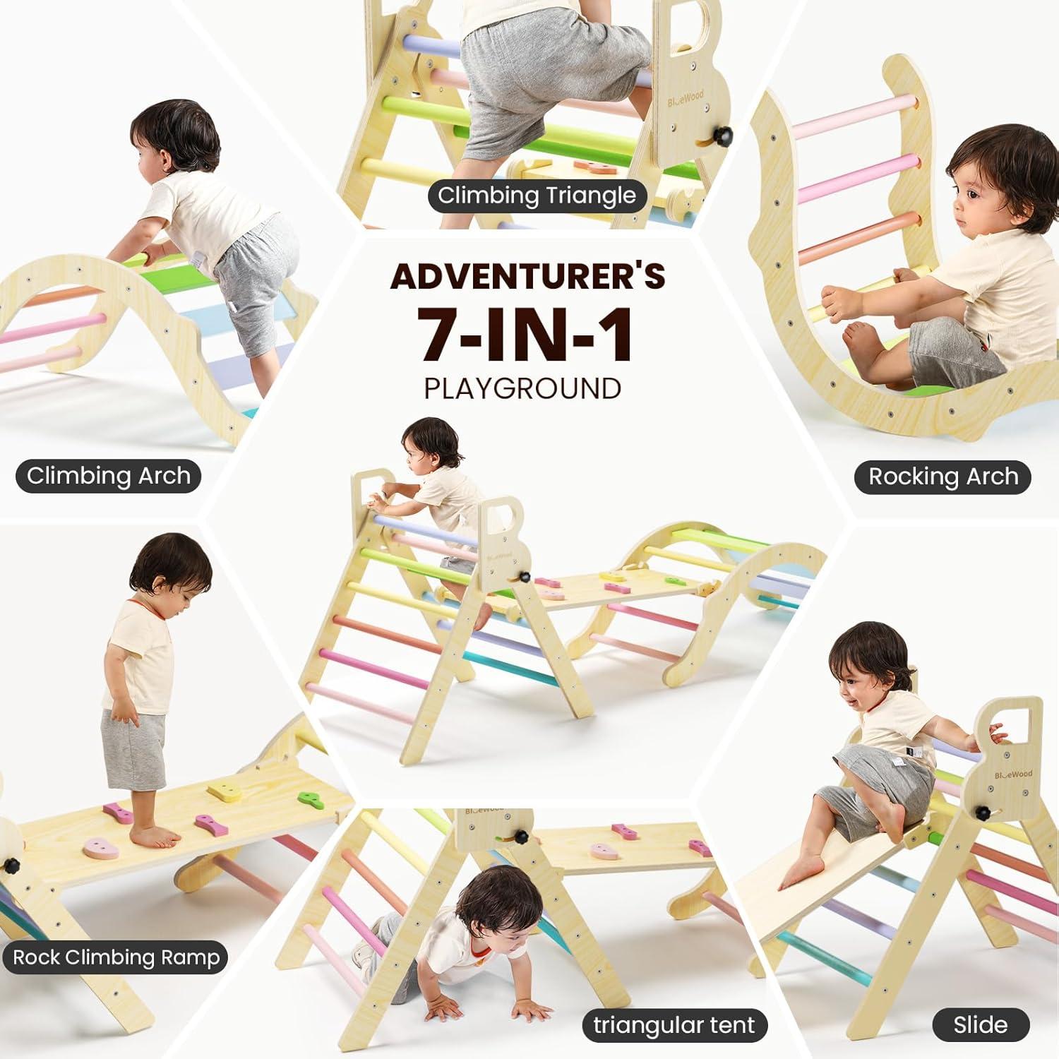 Conjunto Triángulo Pikler BlueWood 7 en 1 para Niños - Primavera Colorida