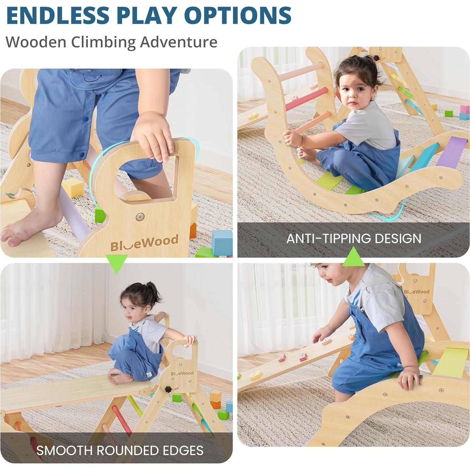 Conjunto Triángulo Pikler BlueWood 7 en 1 para Niños - Primavera Colorida