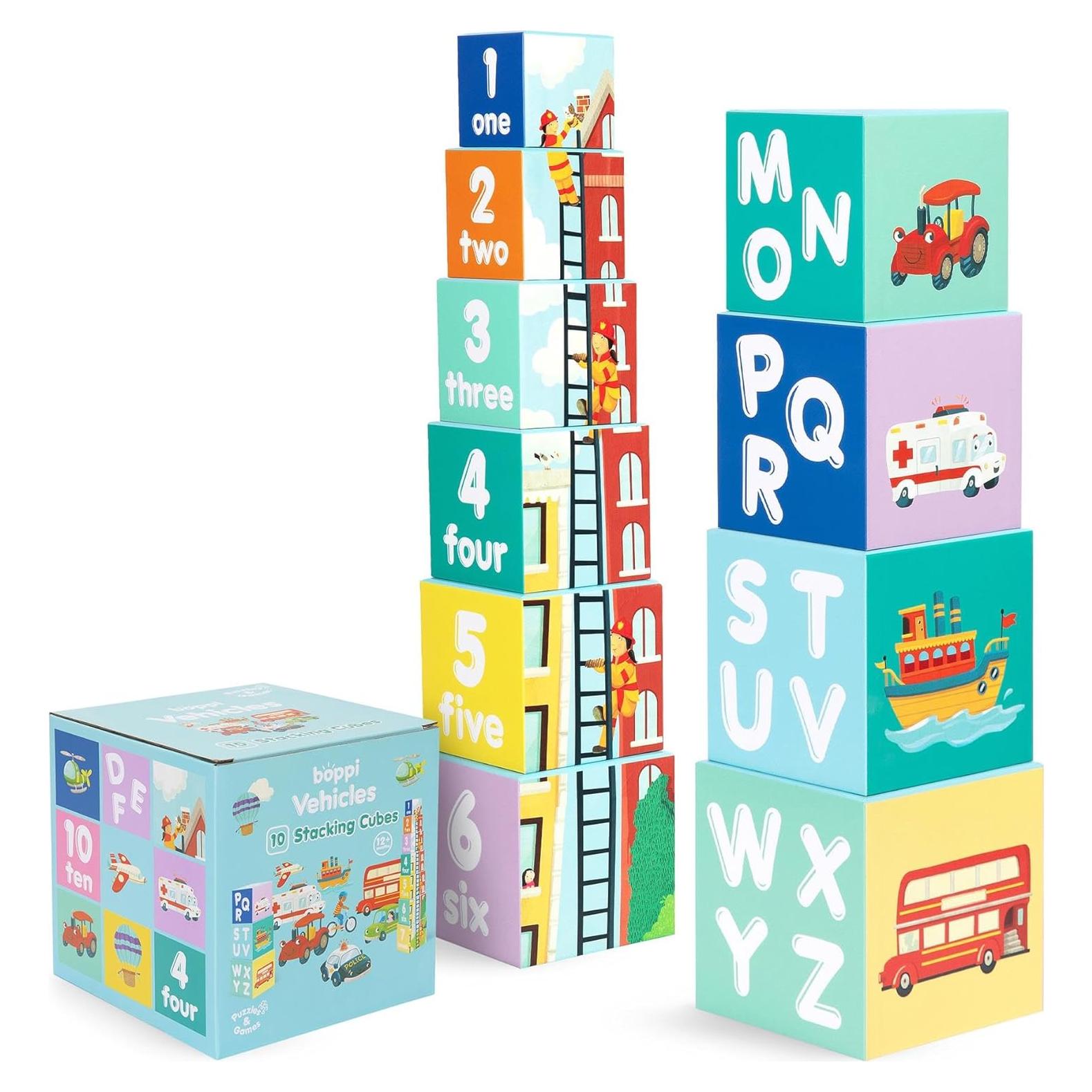 Bloques Apilables Montessori Boppi Baby Vehículos 10 Piezas