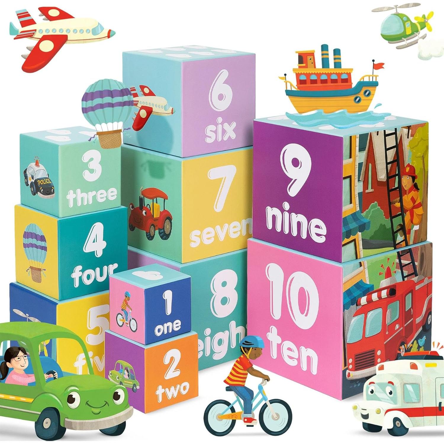 Bloques Apilables Montessori Boppi Baby Vehículos 10 Piezas