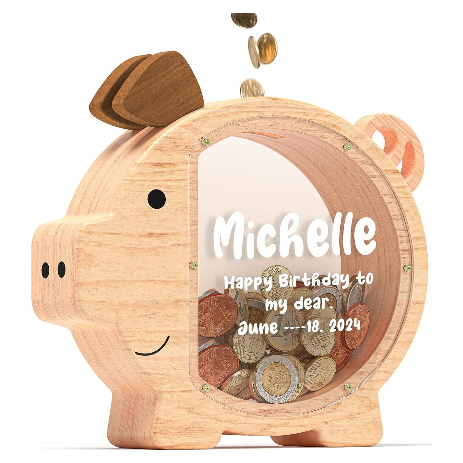 Hucha de Madera Natural KMC Cerdito Personalizada 24x23 cm