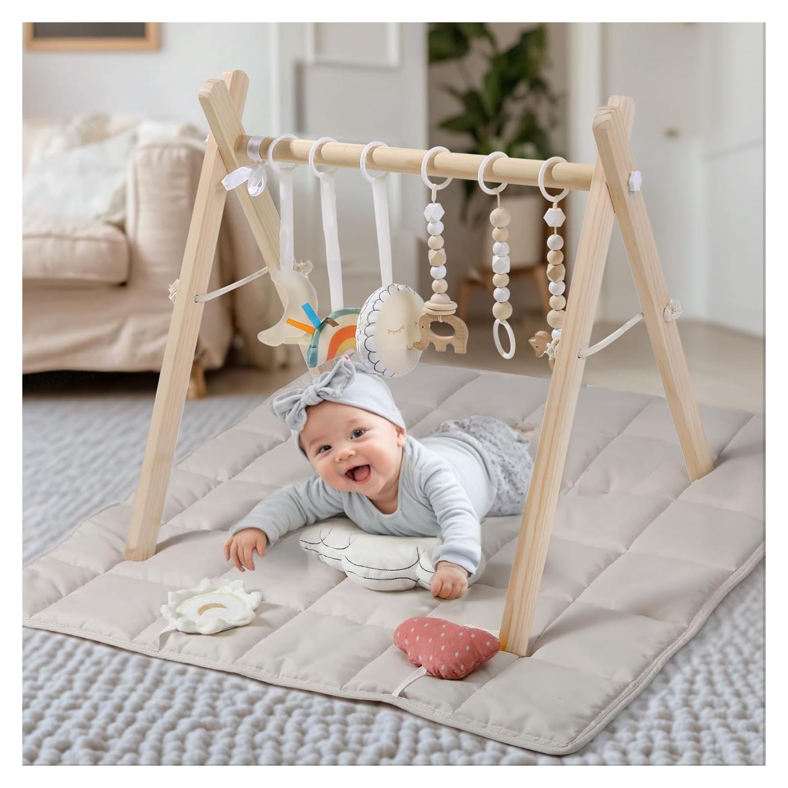 Gimnasio de Juego de Madera Pino Natural con Alfombra 90x43cm