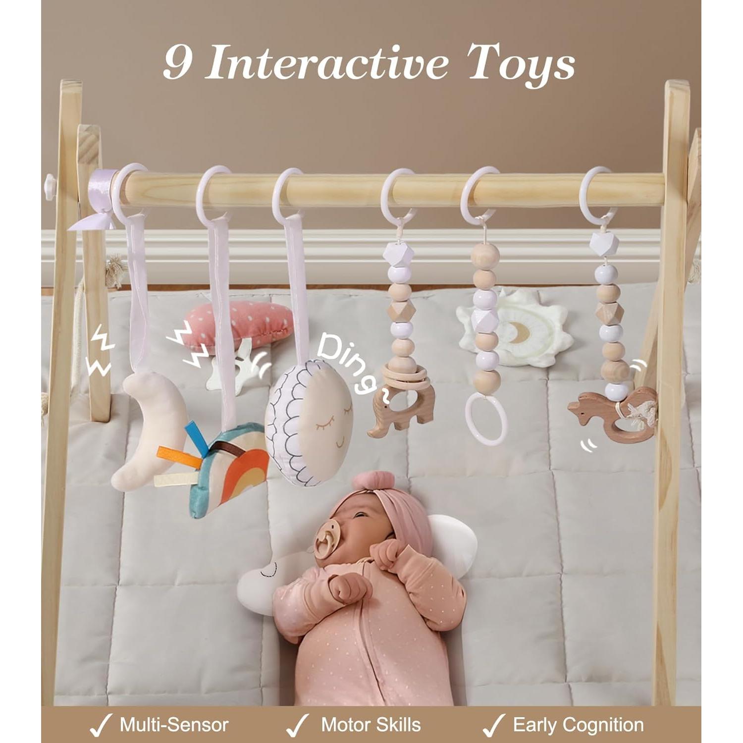 Gimnasio de Juego de Madera Pino Natural con Alfombra 90x43cm