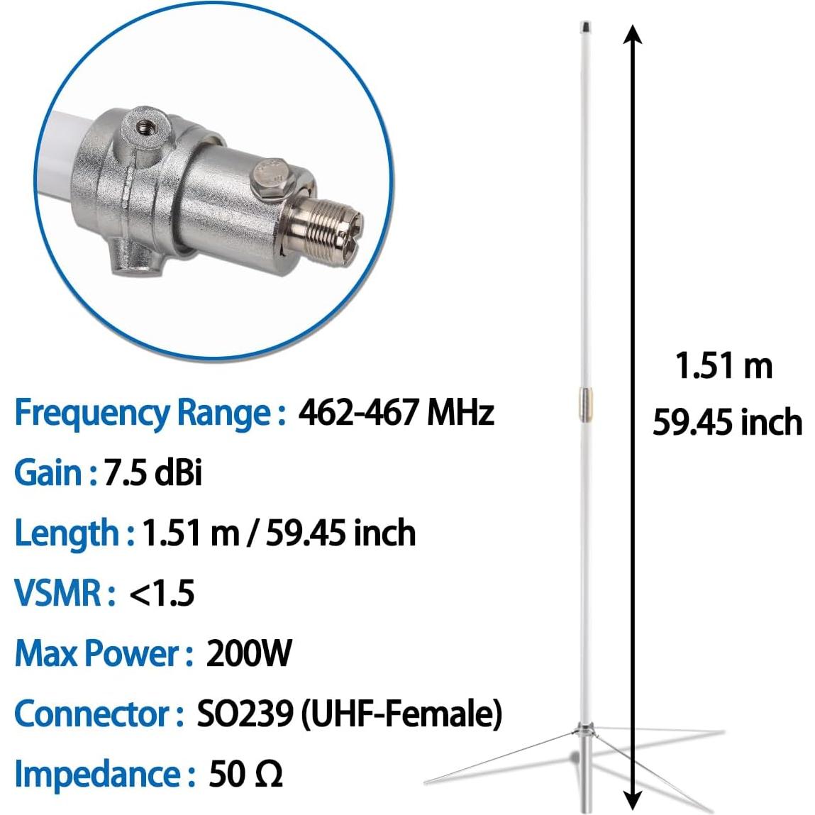 Antena Base GMRS 462-467MHz Fibra de Vidrio 7.2dBi 1.51m