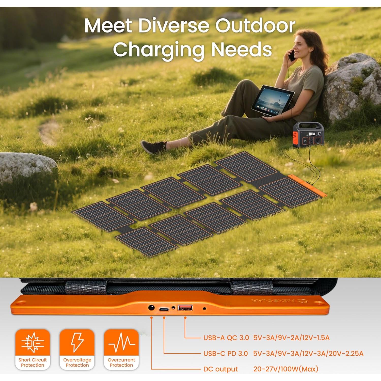 Panel Solar Portátil FlexSolar 100W con USB-C y DC IP67