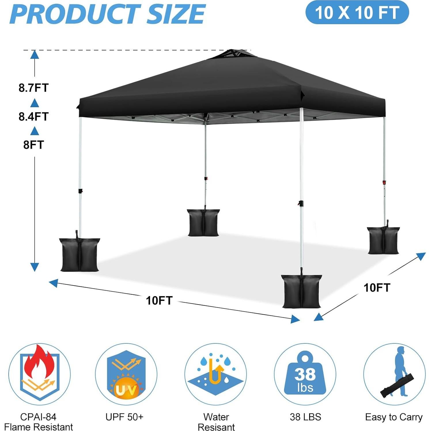Carpa Plegable WEIZE 3.05x3.05m Ajustable Impermeable Negra