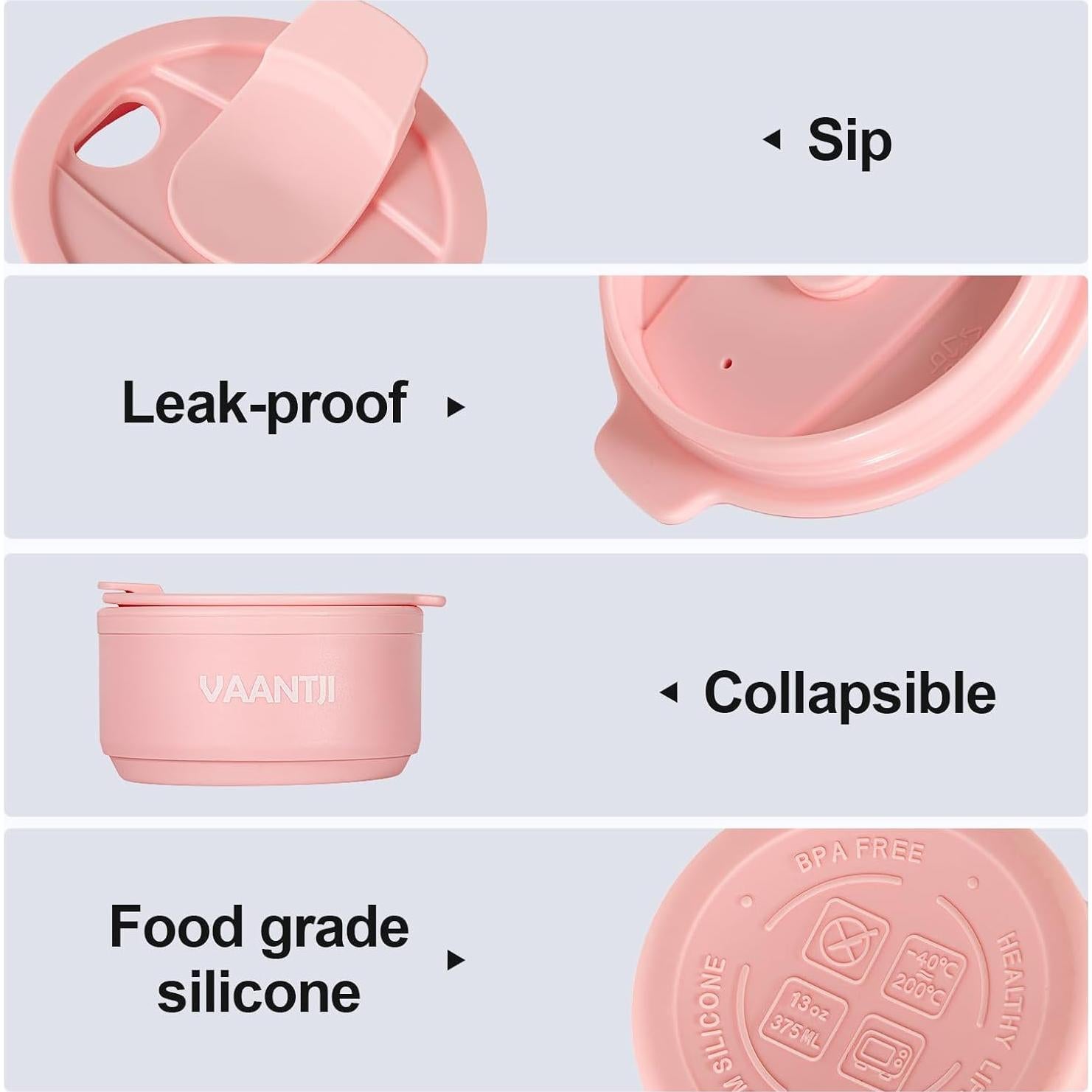 Taza Plegable de Silicona VAANTJI 375 ml Rosa Reutilizable