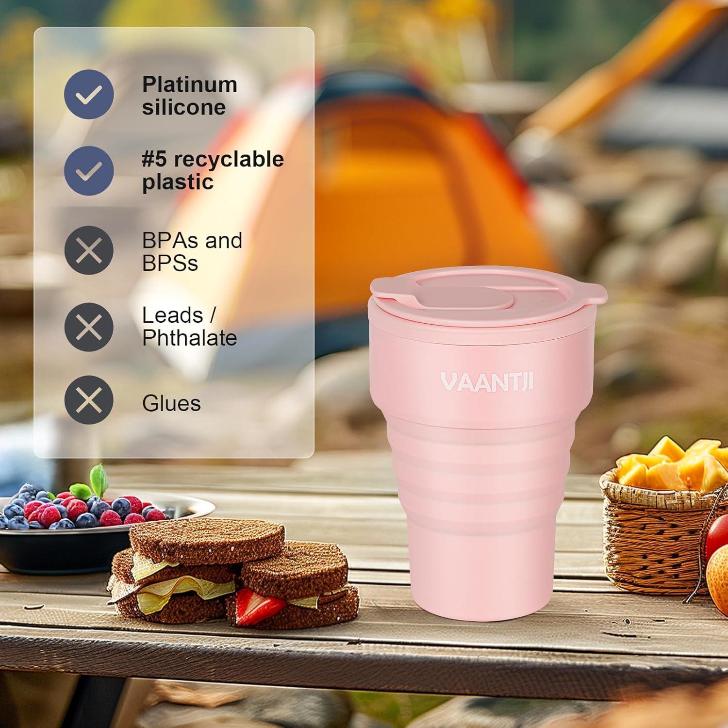 Taza Plegable de Silicona VAANTJI 375 ml Rosa Reutilizable