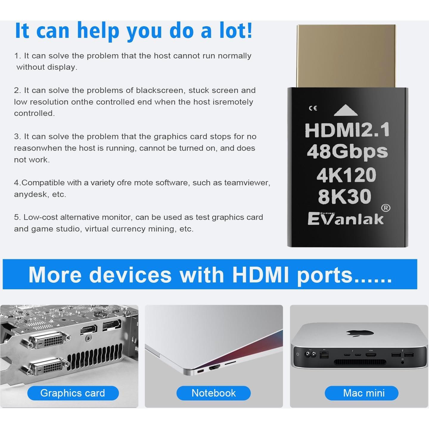 Emulador HDMI 2.1 Dummy Plug 4K 120Hz EVanlak - 10 Piezas