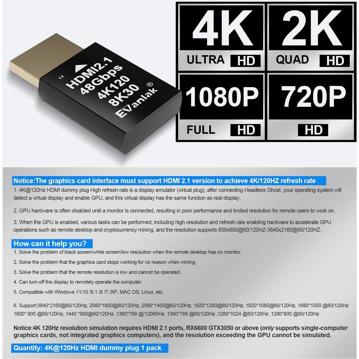 Emulador HDMI 2.1 Dummy Plug 4K 120Hz EVanlak - 10 Piezas
