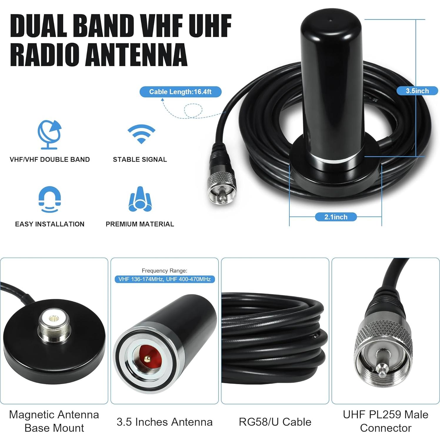 Antena Móvil BASIKER Doble Banda VHF UHF 3" Base Magnética