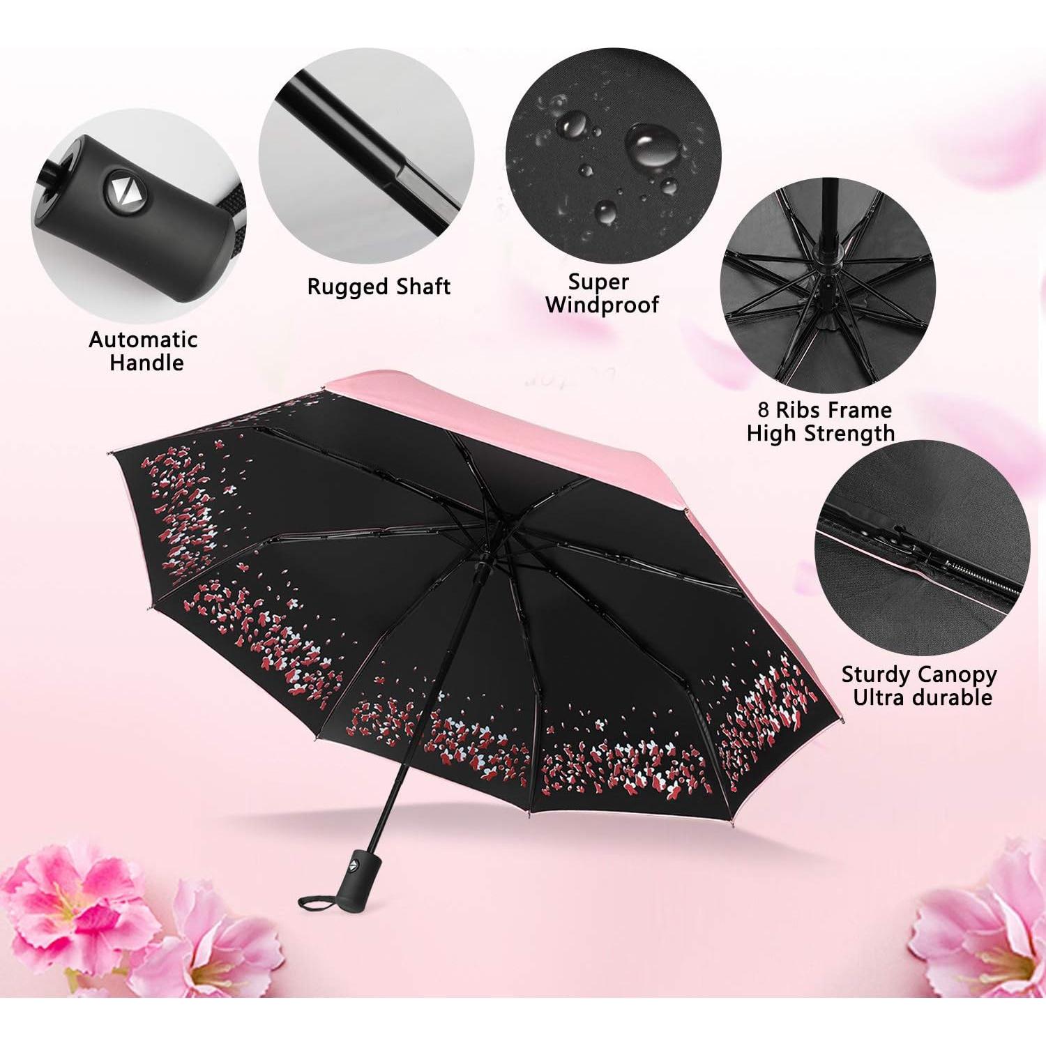 Paraguas Plegable Sakura Rosa a Prueba de Viento y Lluvia