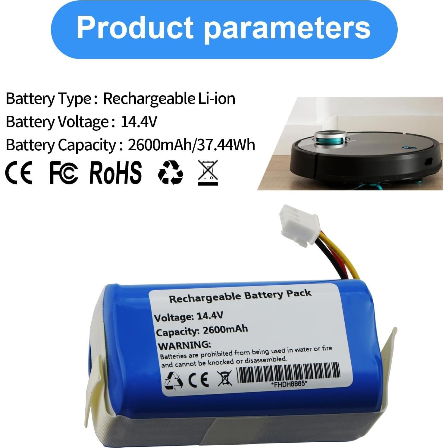 Batería de Reemplazo 2600mAh para Aspiradora CECOTEC ICR18650-14