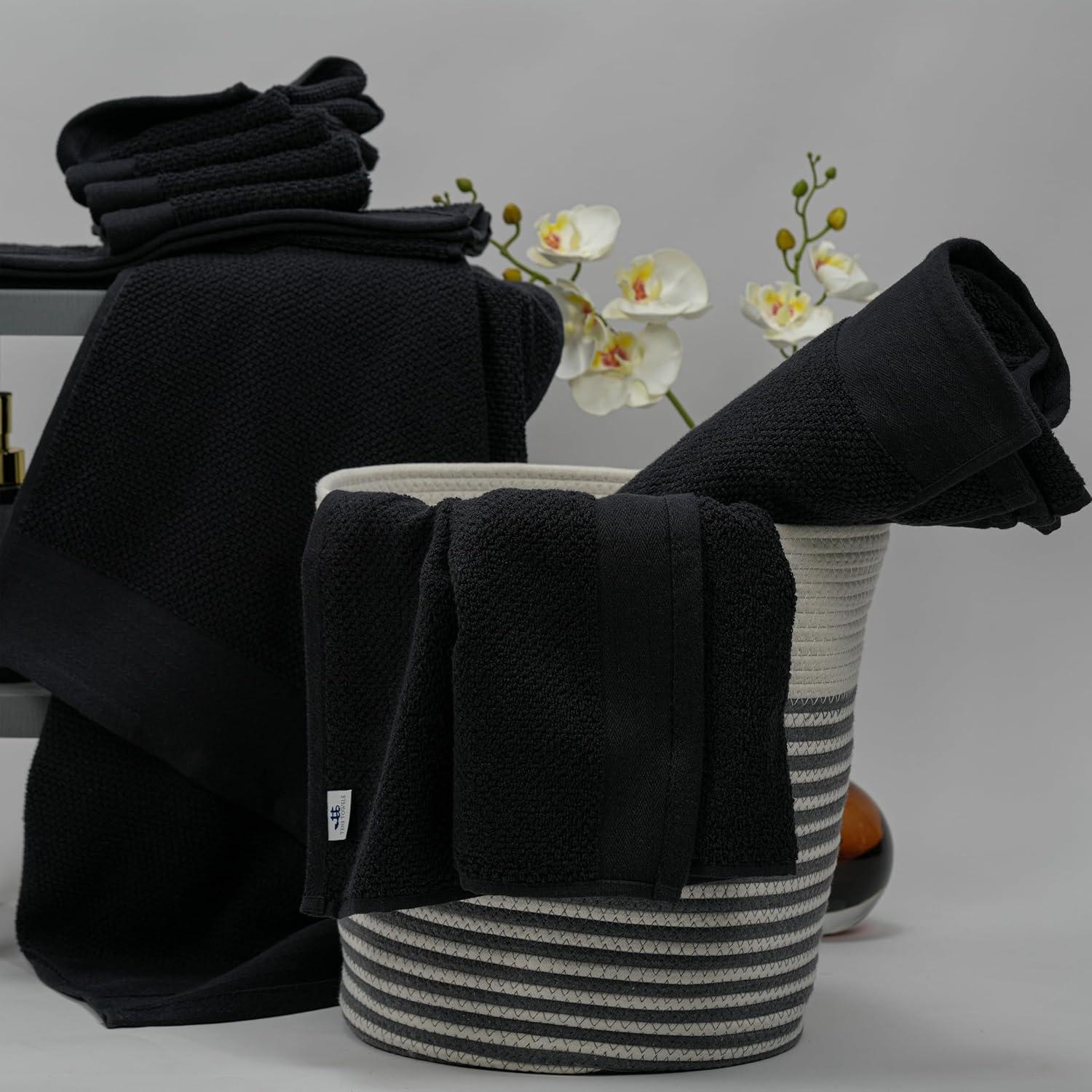 Tens Towels Pack of 8 Popcorn Textured Luxury Towels Set, 2 Extra Large Bath, 2 Hand, 4 Washcloths, 100% Cotton, Plush Hotel Quality, Super Absorbent, Perfect for Your Bathroom, Black