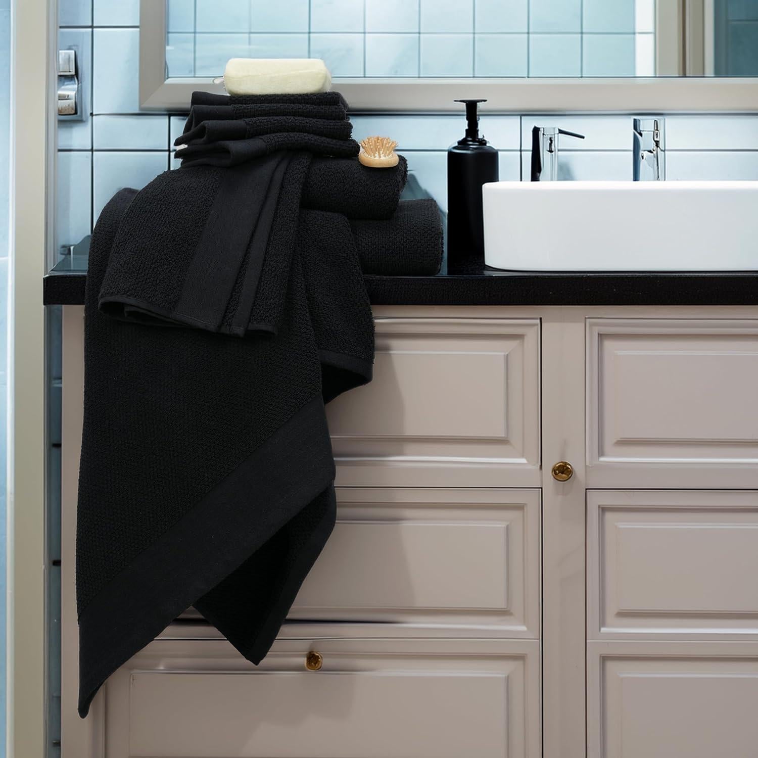 Tens Towels Pack of 8 Popcorn Textured Luxury Towels Set, 2 Extra Large Bath, 2 Hand, 4 Washcloths, 100% Cotton, Plush Hotel Quality, Super Absorbent, Perfect for Your Bathroom, Black