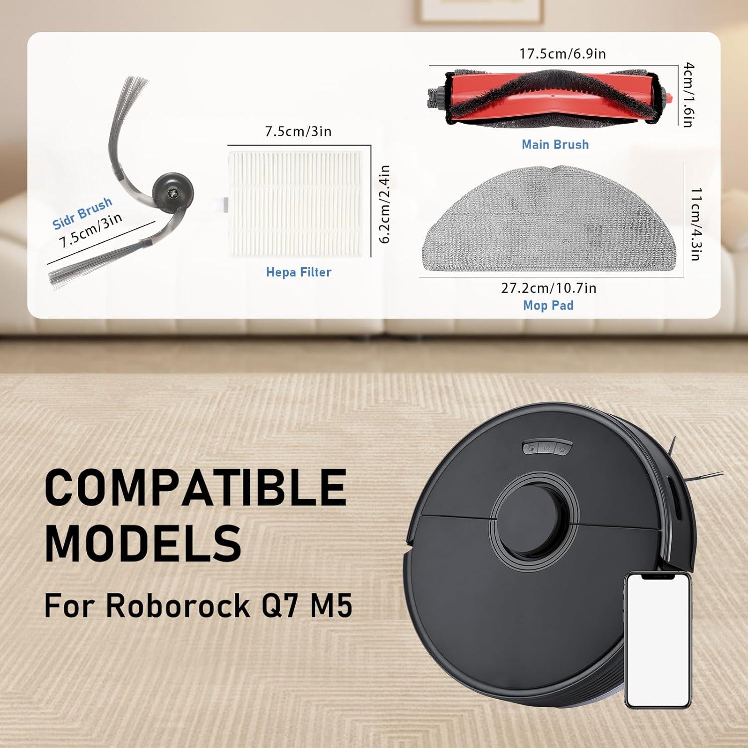 Kit de Accesorios para Aspiradora Robot Roborock Q7 M5 - 1 Cepillo Principal, 4 Laterales, 4 Filtros HEPA, 6 Paños de Mopa