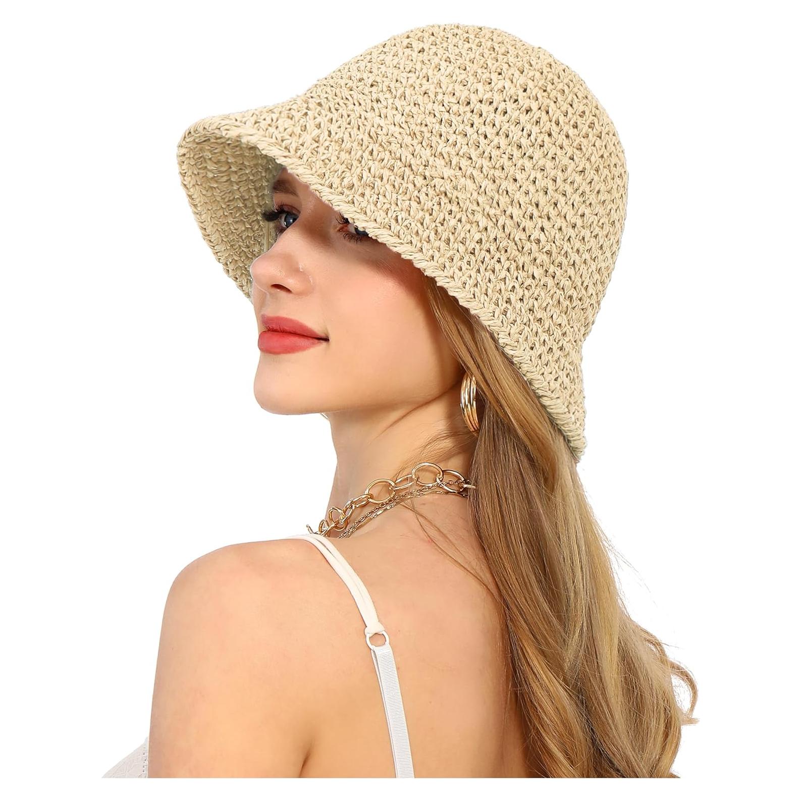 Sombrero de sol de paja para mujer UPF 50+ plegable beige