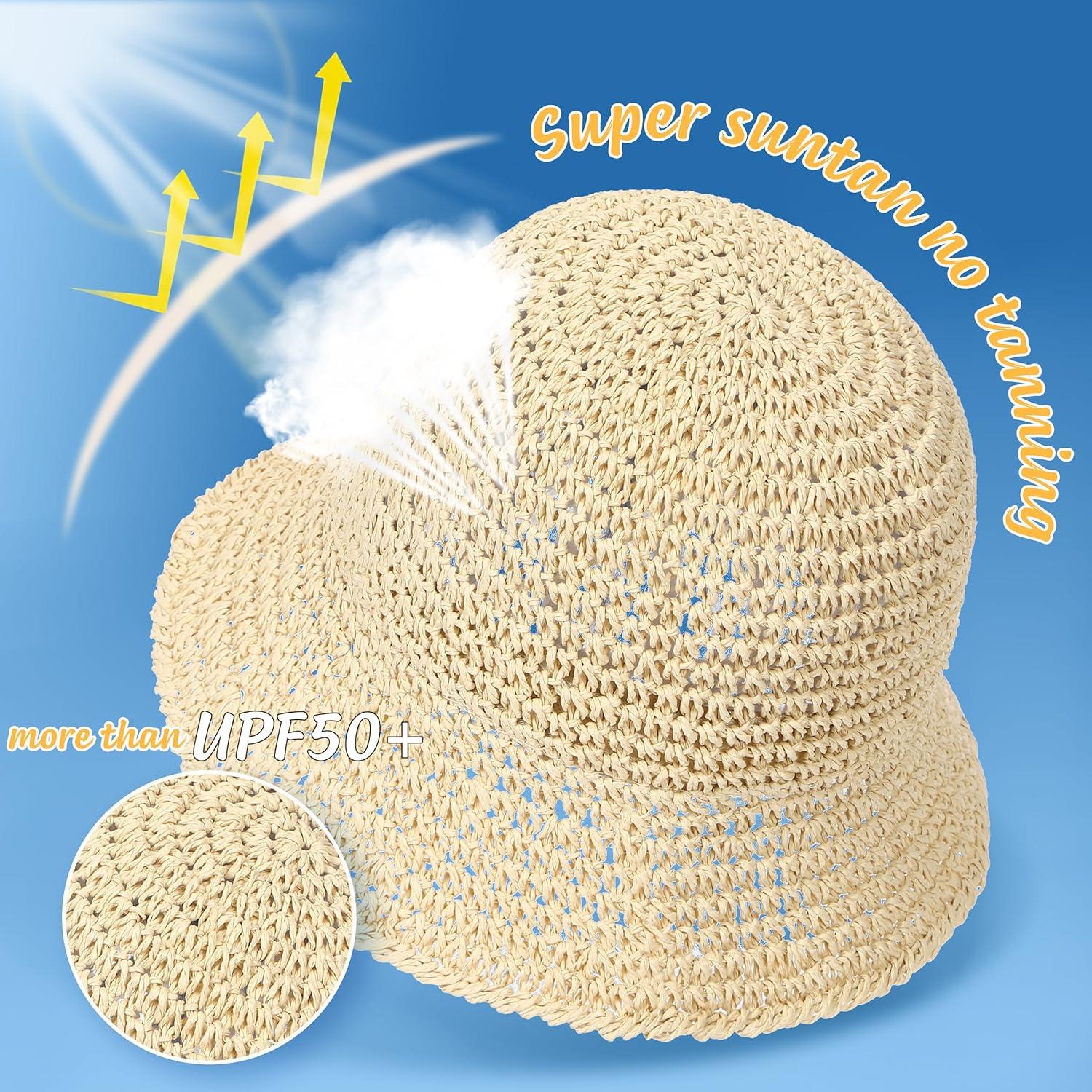 Sombrero de sol de paja para mujer UPF 50+ plegable beige