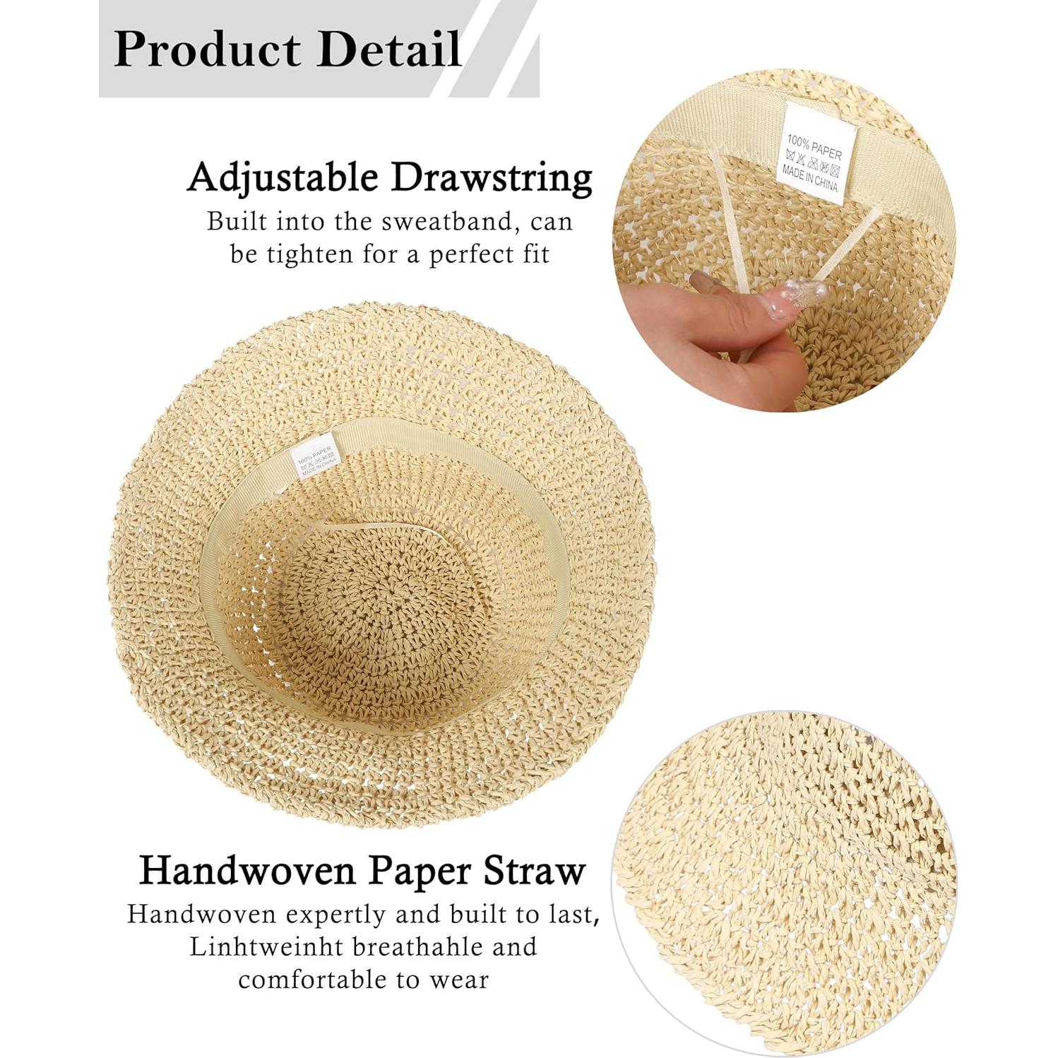 Sombrero de sol de paja para mujer UPF 50+ plegable beige