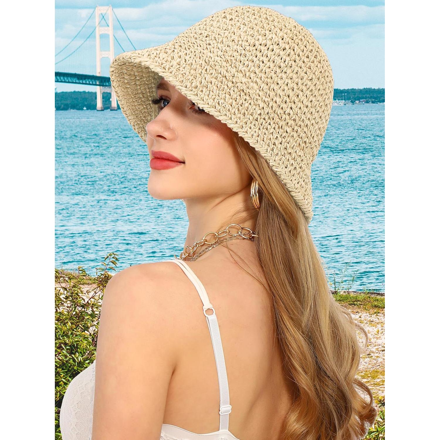 Sombrero de sol de paja para mujer UPF 50+ plegable beige