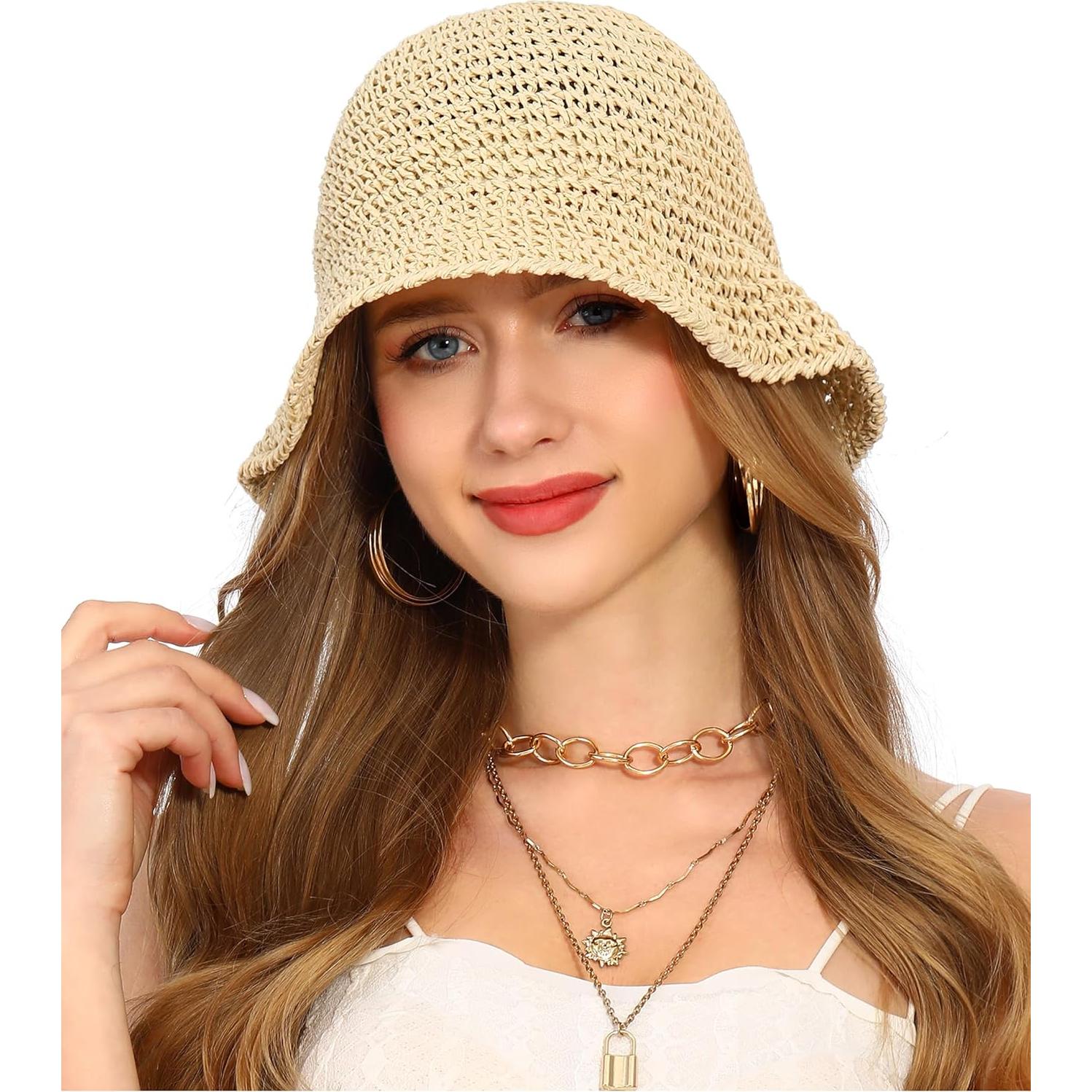 Sombrero de sol de paja para mujer UPF 50+ plegable beige