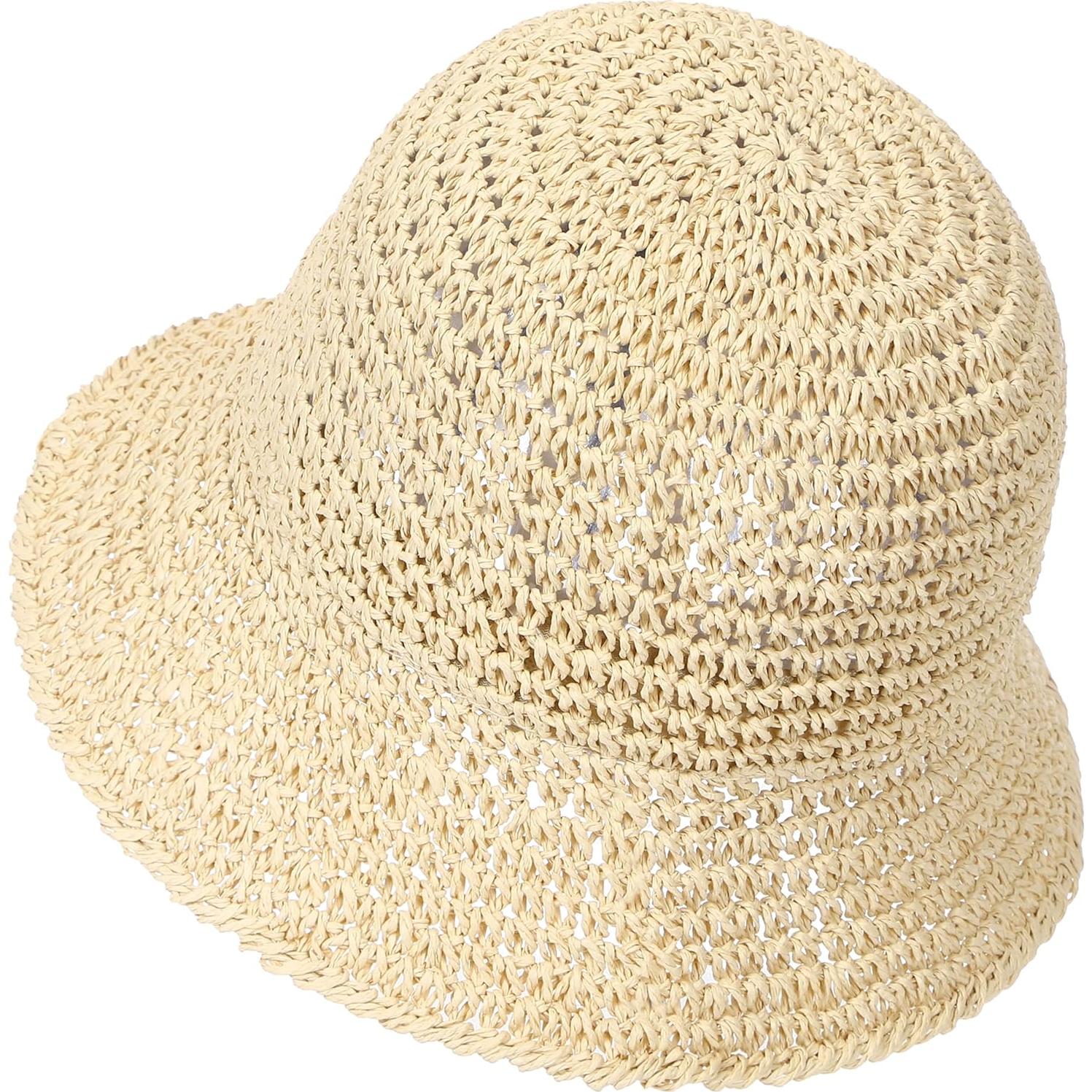 Sombrero de sol de paja para mujer UPF 50+ plegable beige