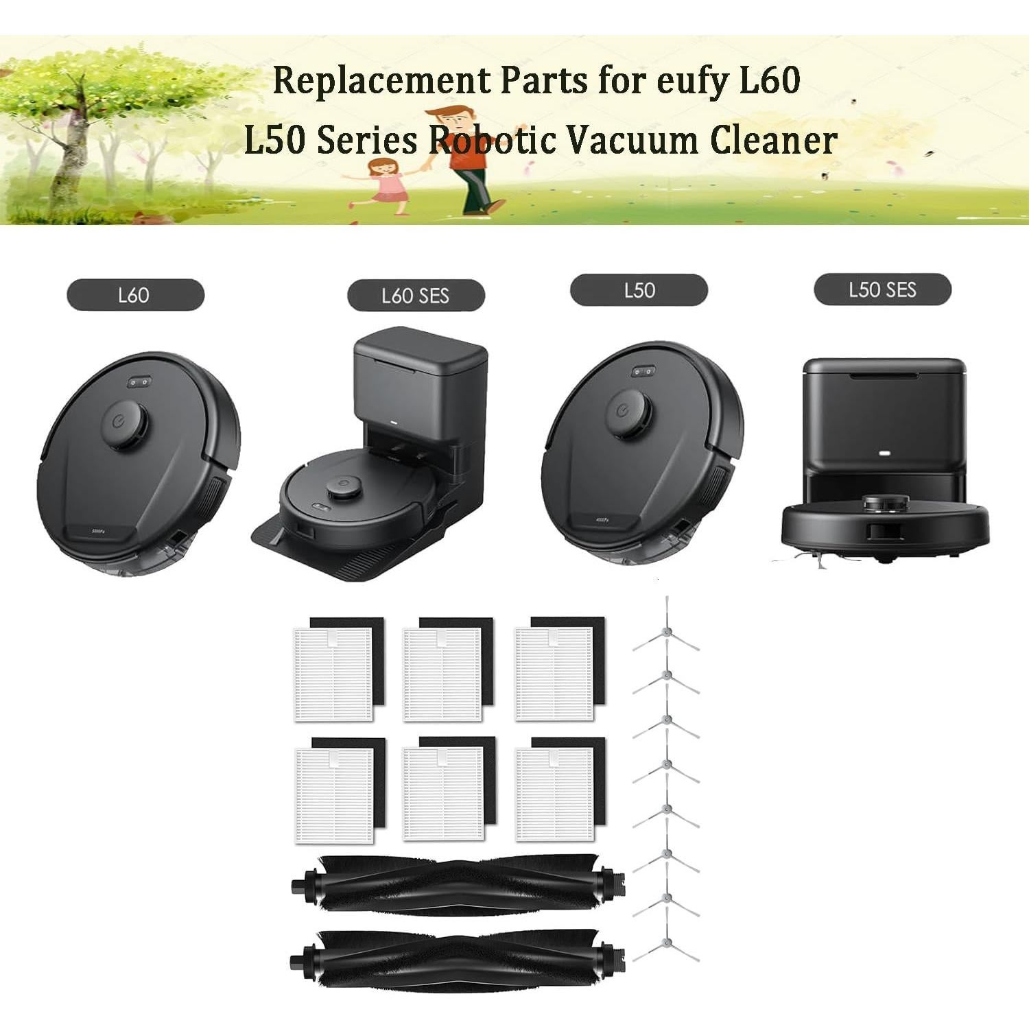 Kit de Repuesto Eufy L50 L60 - 2 Cepillos Rodantes, 6 Filtros, 8 Cepillos Laterales