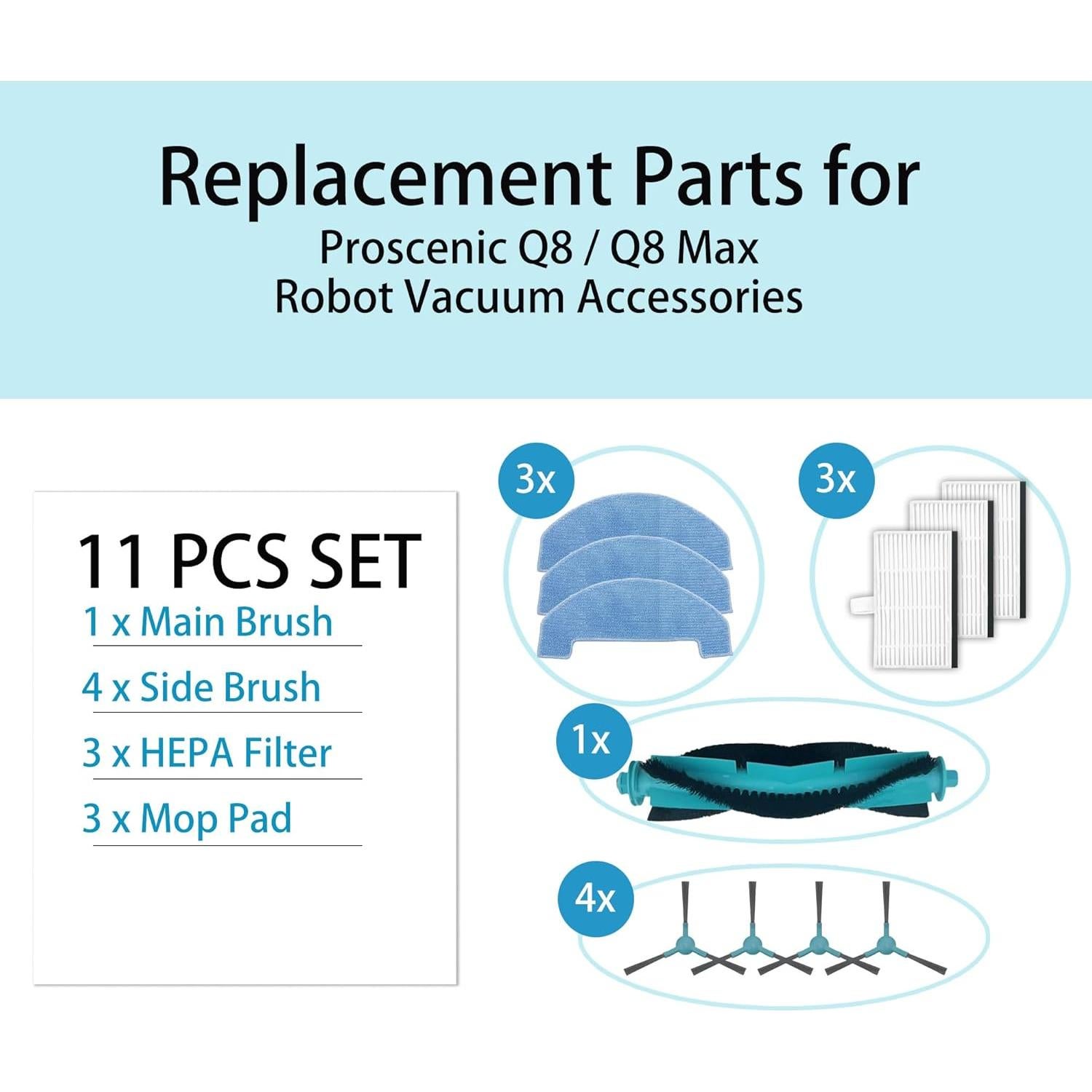 Accesorios de Repuesto Proscenic Q8/Q8 Max - 1 Cepillo, 4 Laterales, 3 Filtros, 3 Paños