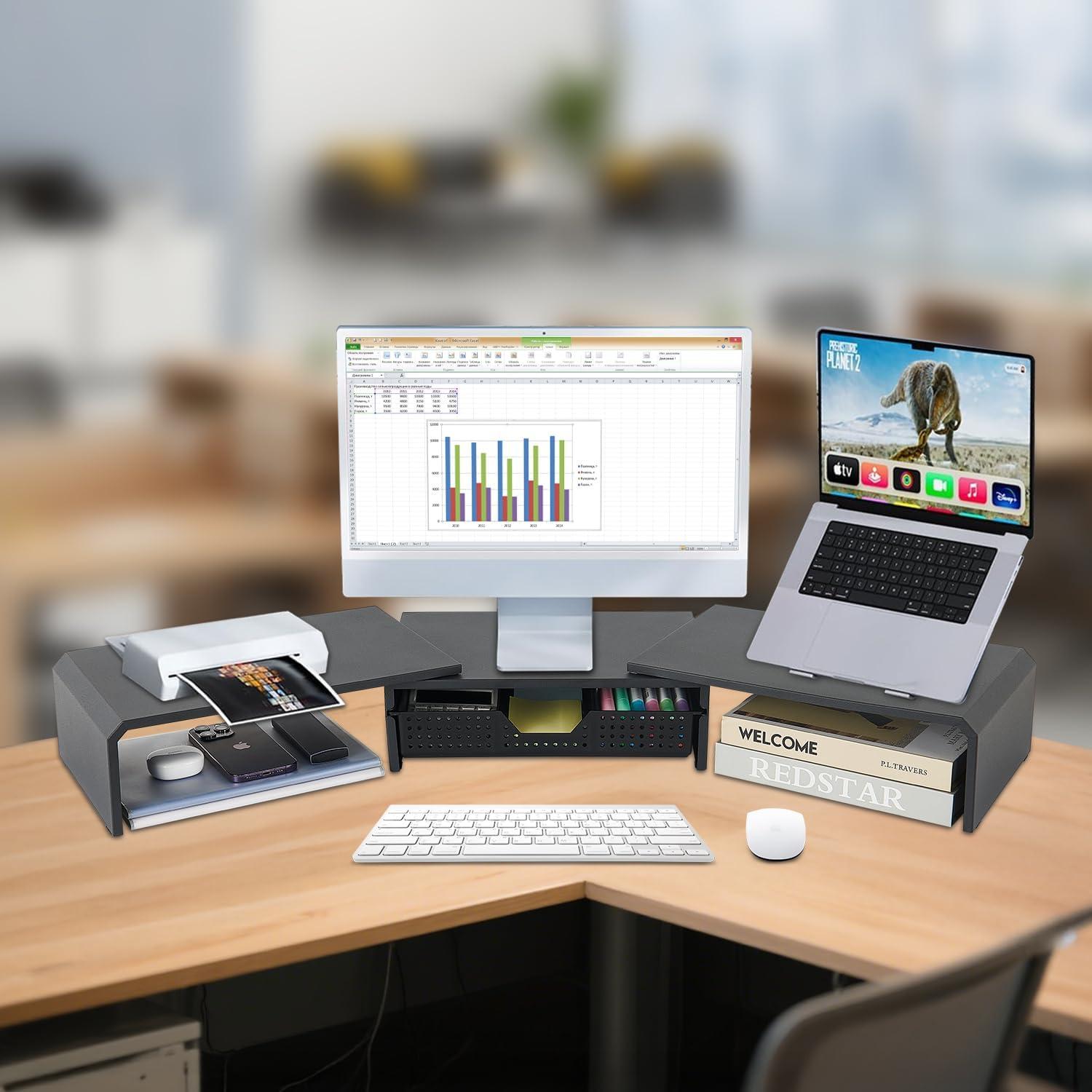 Soporte Doble Monitor LEKETREE con Cajón Organizador Negro