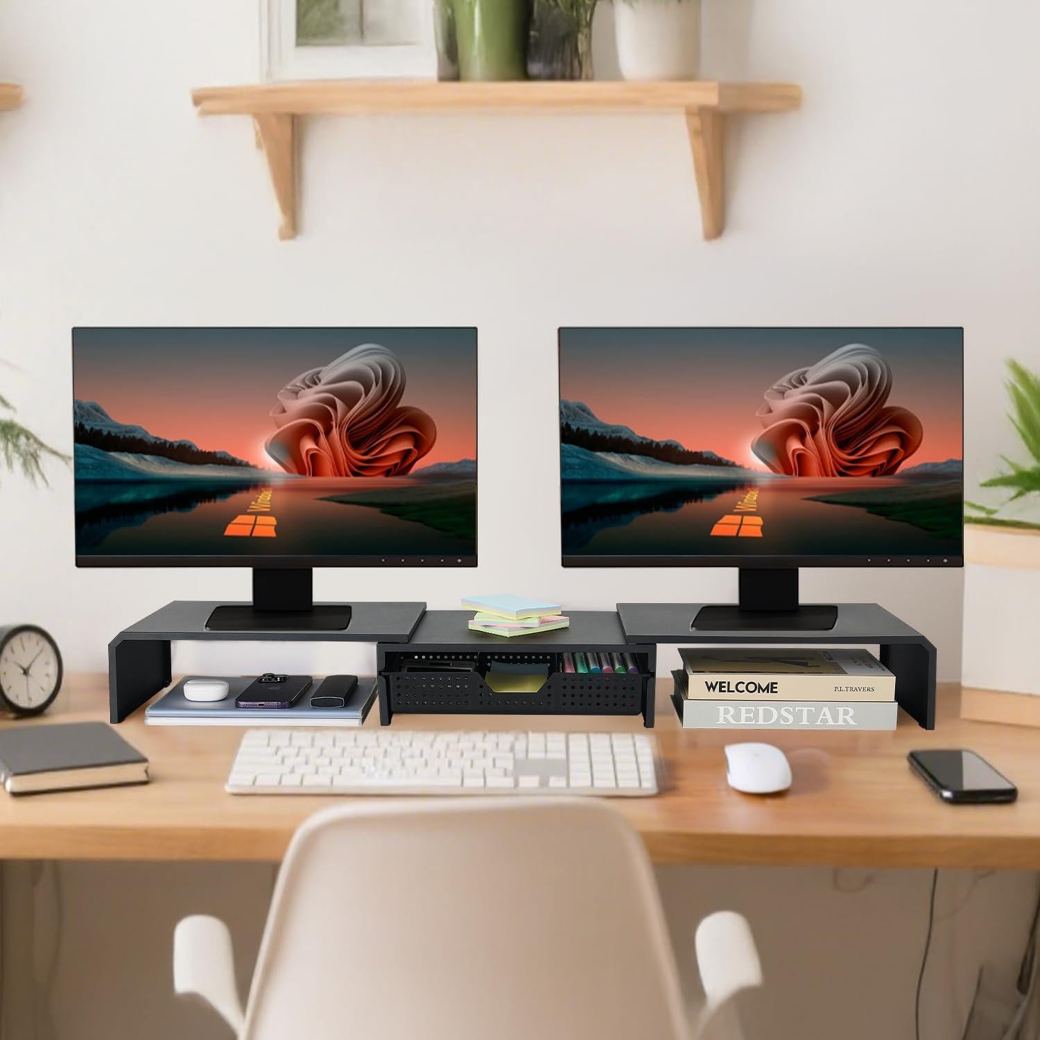 Soporte Doble Monitor LEKETREE con Cajón Organizador Negro