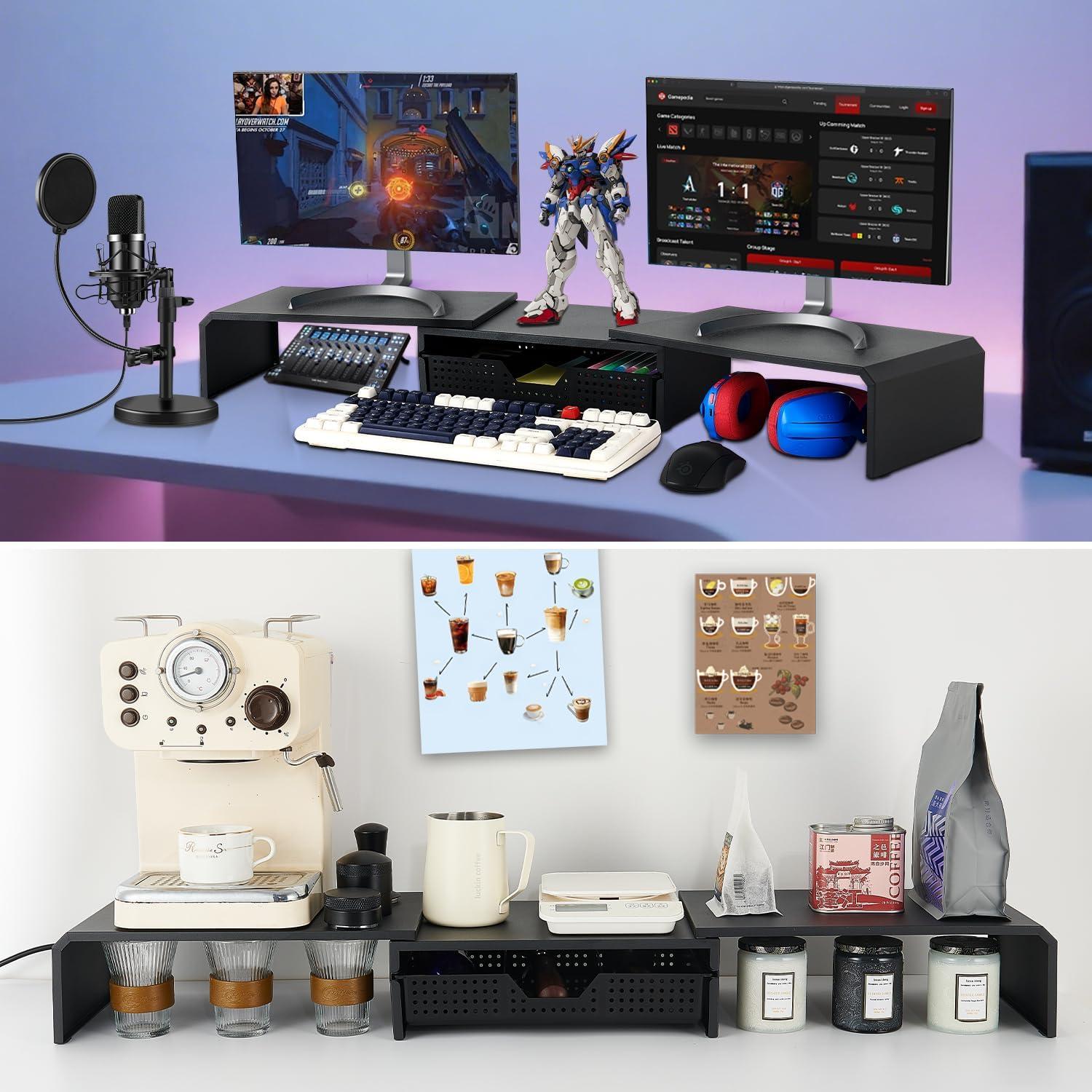 Soporte Doble Monitor LEKETREE con Cajón Organizador Negro