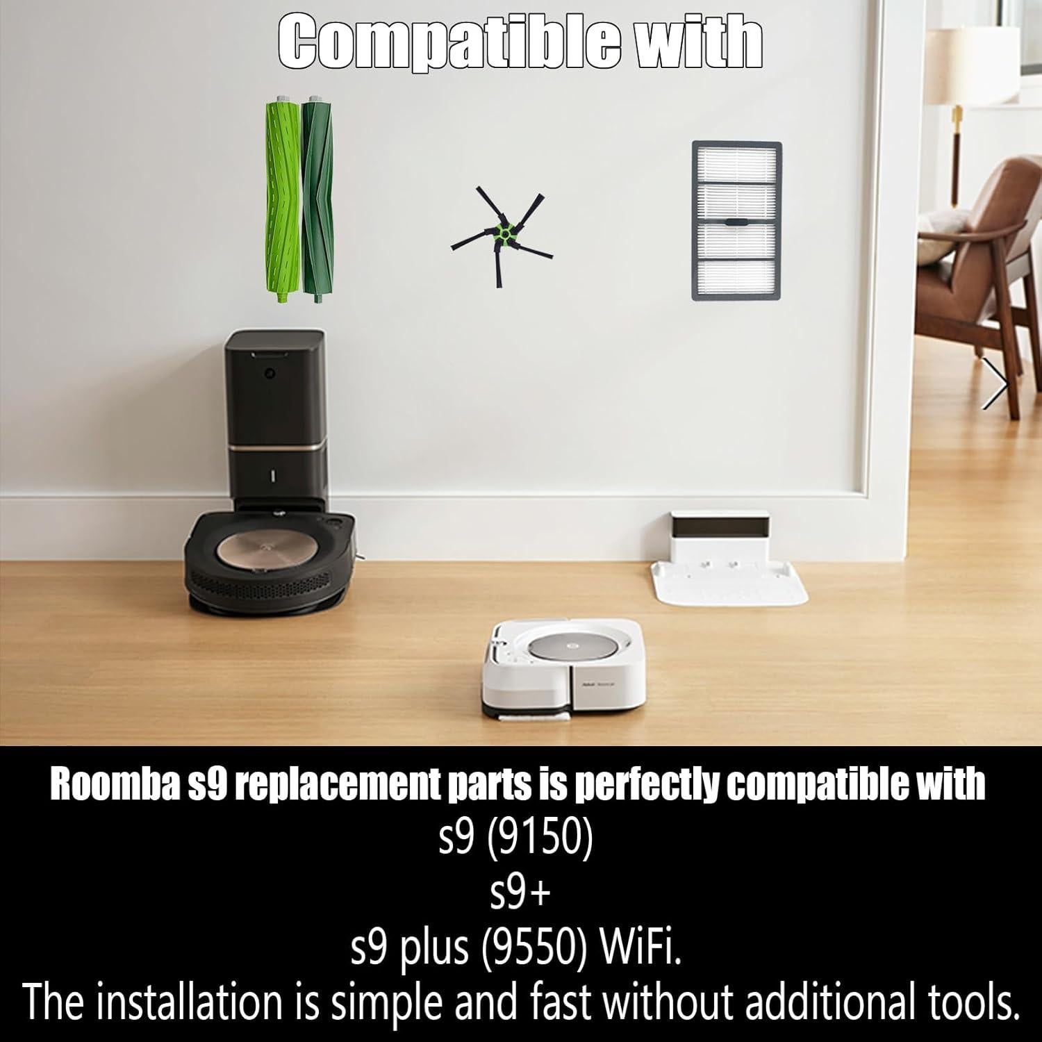 Kit de Repuesto para Aspiradora Roomba S9 - 8 Filtros HEPA, 2 Cepillos de Goma, 8 Cepillos Laterales