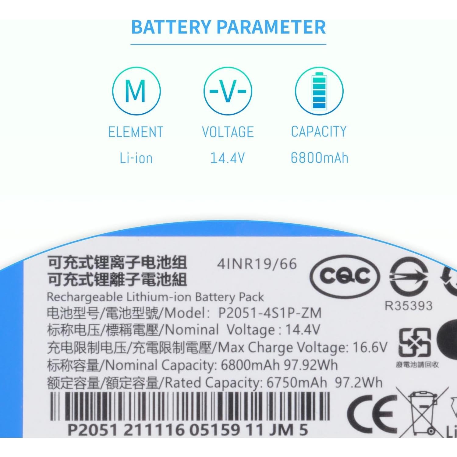 Batería de Reemplazo 6800mAh 14.4V para Aspiradoras Laresar L6 Pro, VIOMI S9, Ultenic T10