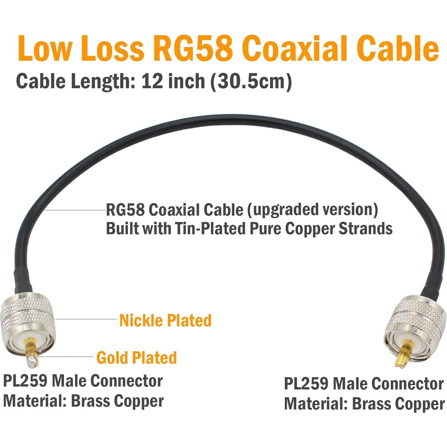 Cable Coaxial RG58 PL259 UHF Macho a Macho 30.48 cm