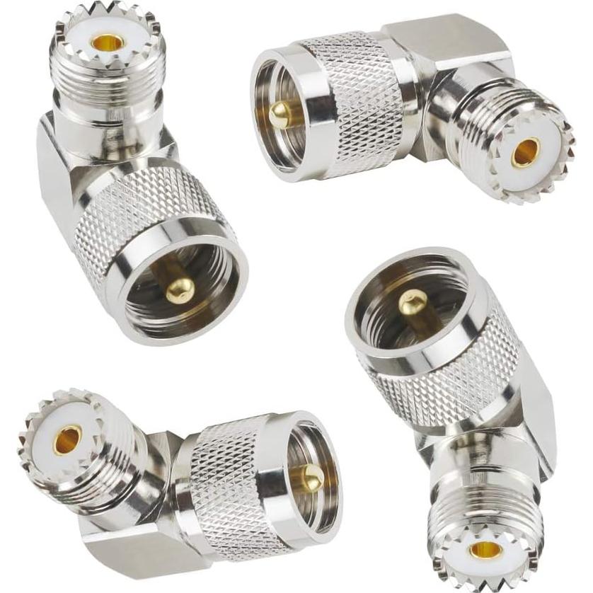 Adaptador Coaxial UHF Macho PL-259 a Hembra SO-239 90° - 4 Piezas