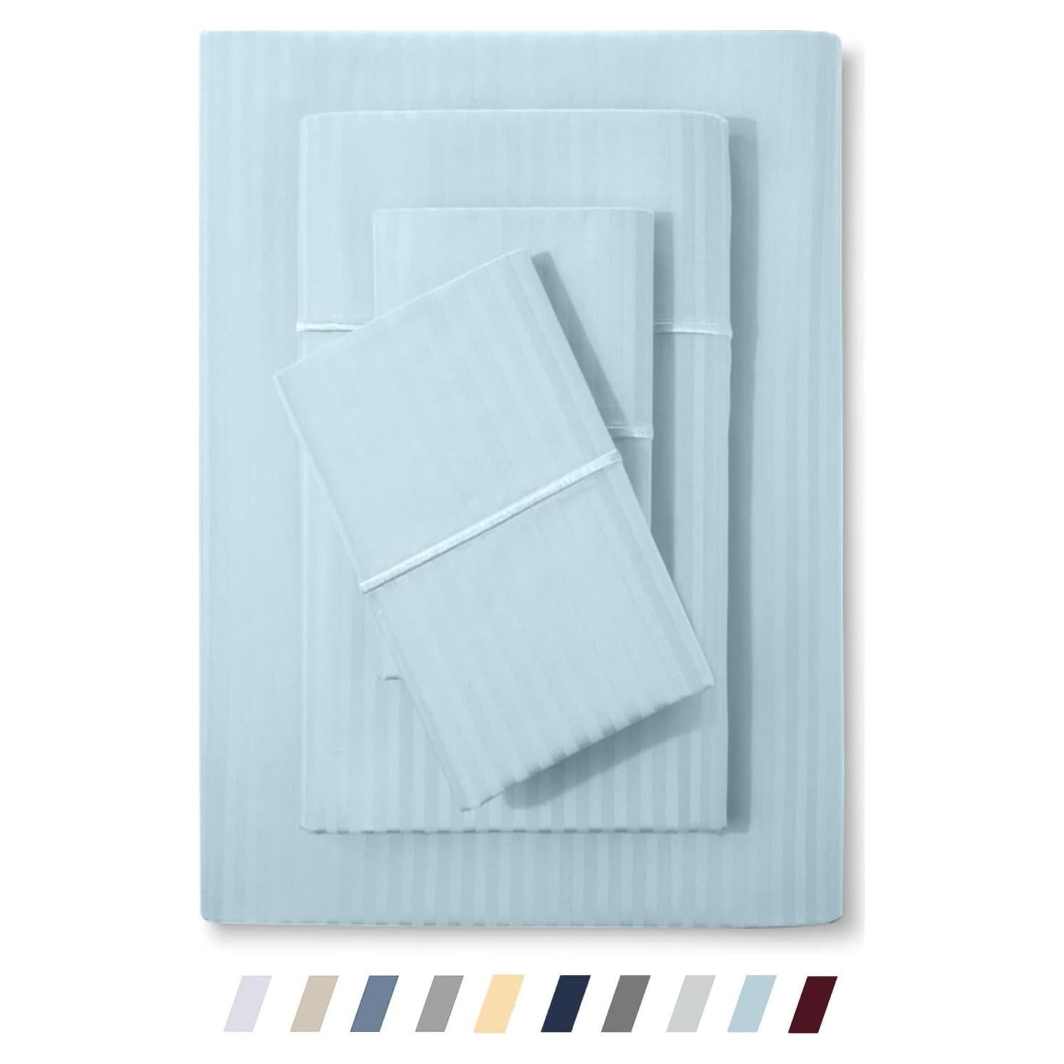 Feather & Stitch 500 TC Twin Size Damask Bed Sheet Set, 100% Cotton Soft Breathable Bedsheets, 3 Piece 18" Deep Pockets Sateen Weave Striped Bedding Mattress Resort Hotel Luxury- (Aqua, Twin)