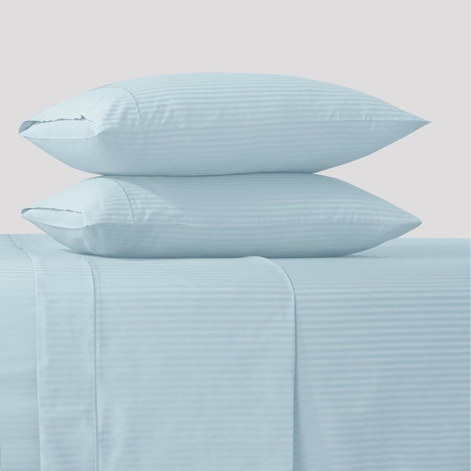 Feather & Stitch 500 TC Twin Size Damask Bed Sheet Set, 100% Cotton Soft Breathable Bedsheets, 3 Piece 18" Deep Pockets Sateen Weave Striped Bedding Mattress Resort Hotel Luxury- (Aqua, Twin)