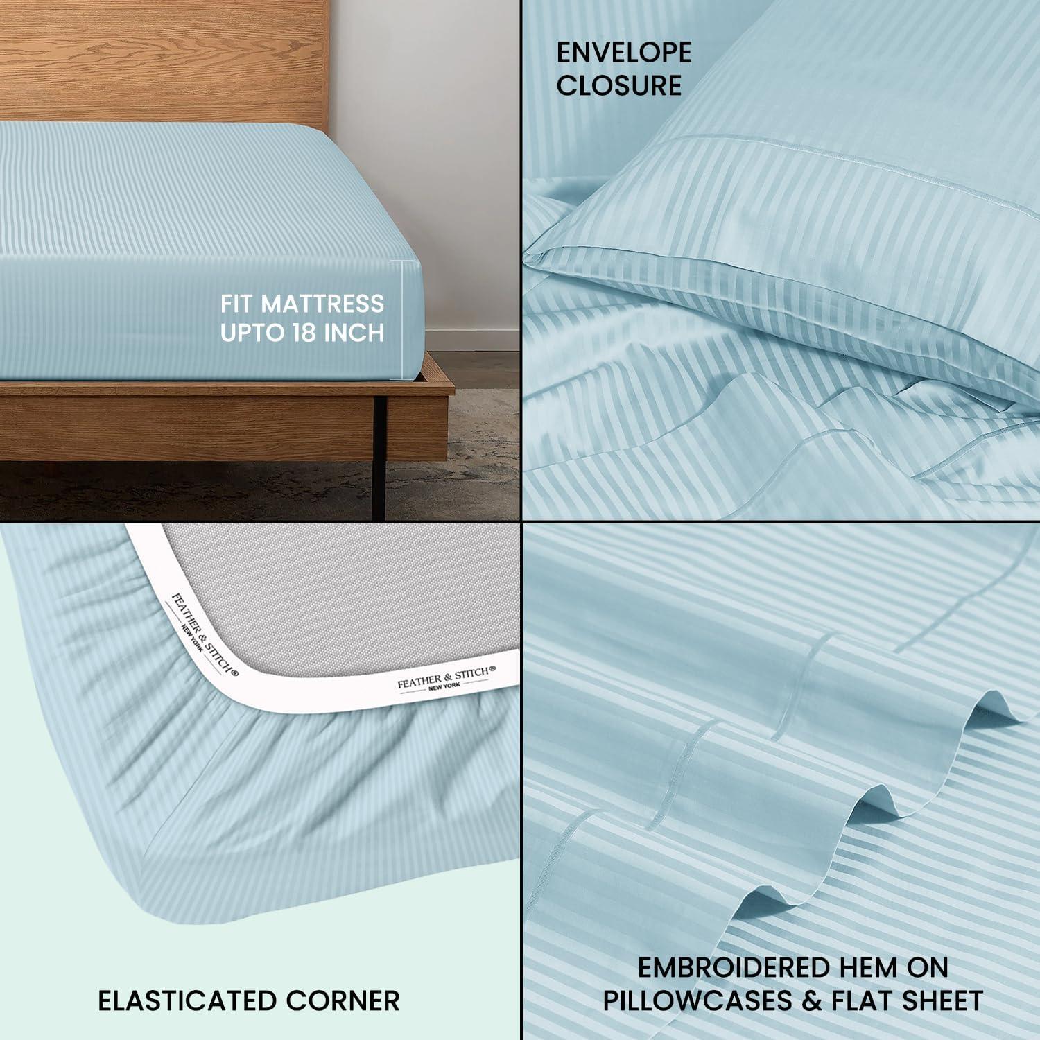 Feather & Stitch 500 TC Twin Size Damask Bed Sheet Set, 100% Cotton Soft Breathable Bedsheets, 3 Piece 18" Deep Pockets Sateen Weave Striped Bedding Mattress Resort Hotel Luxury- (Aqua, Twin)