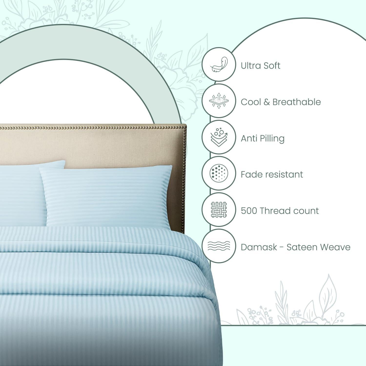 Feather & Stitch 500 TC Twin Size Damask Bed Sheet Set, 100% Cotton Soft Breathable Bedsheets, 3 Piece 18" Deep Pockets Sateen Weave Striped Bedding Mattress Resort Hotel Luxury- (Aqua, Twin)