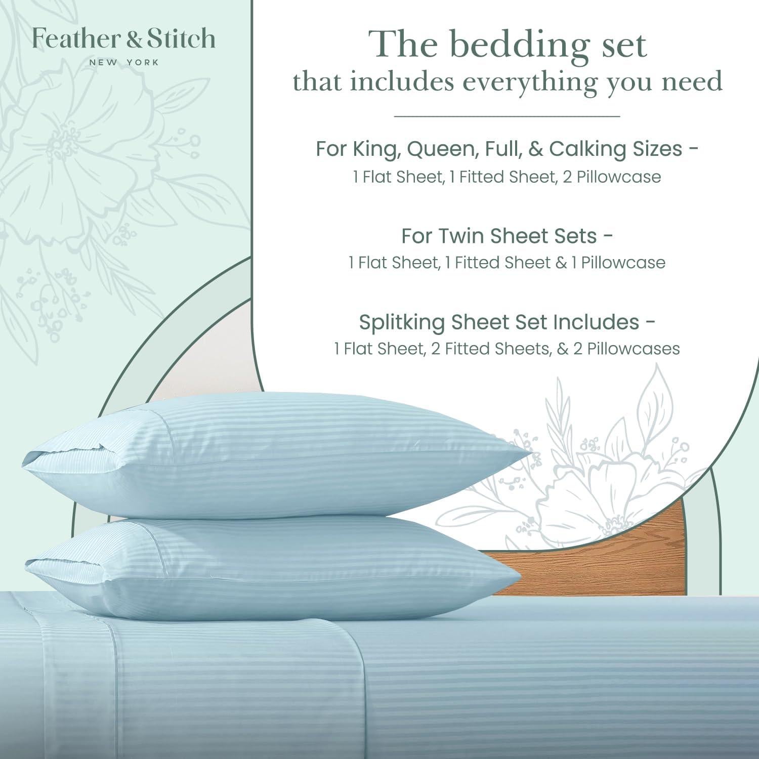 Feather & Stitch 500 TC Twin Size Damask Bed Sheet Set, 100% Cotton Soft Breathable Bedsheets, 3 Piece 18" Deep Pockets Sateen Weave Striped Bedding Mattress Resort Hotel Luxury- (Aqua, Twin)