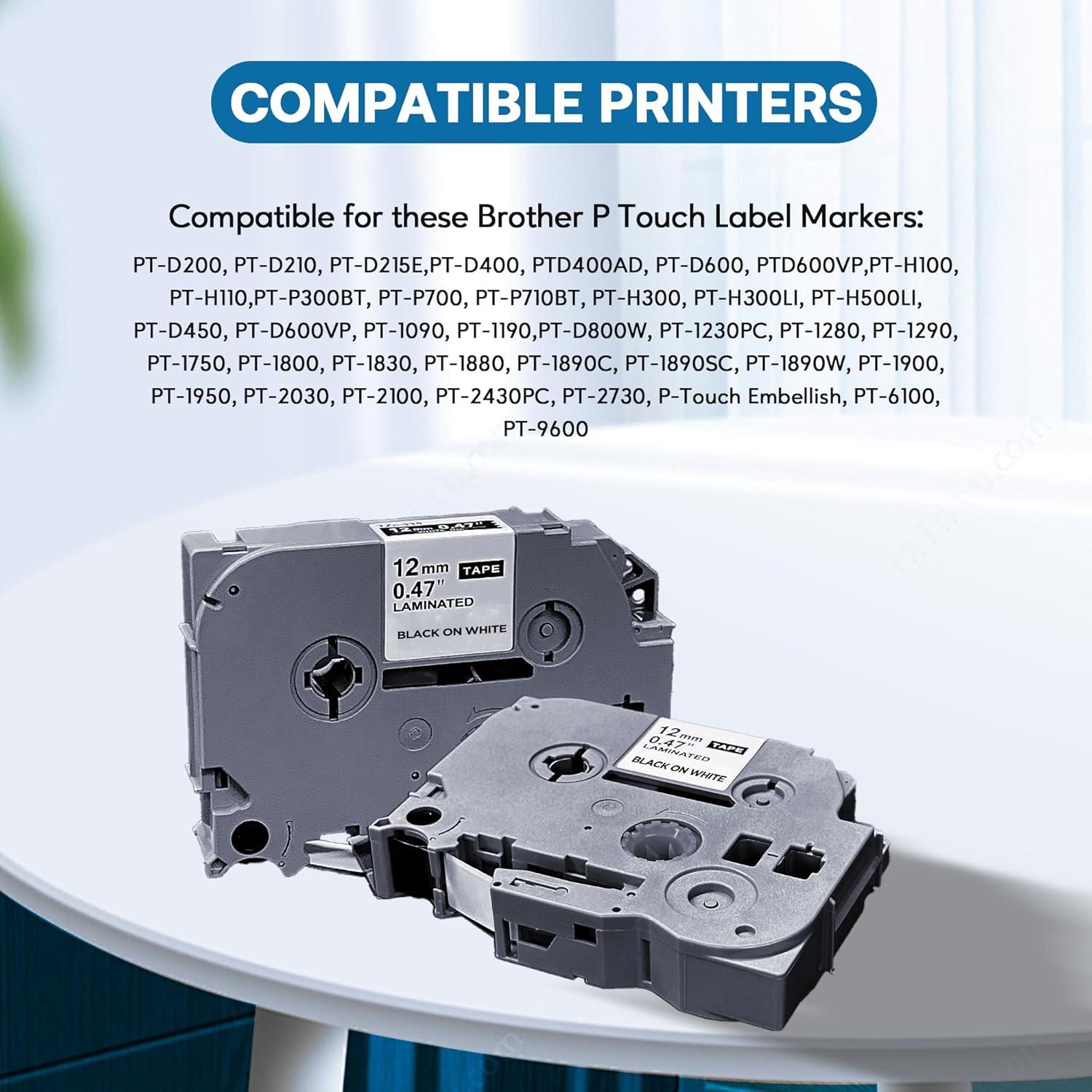 Cinta de Etiqueta JOJOME TZe-231 Negro sobre Blanco 12mm x 8m - 5 Paquetes