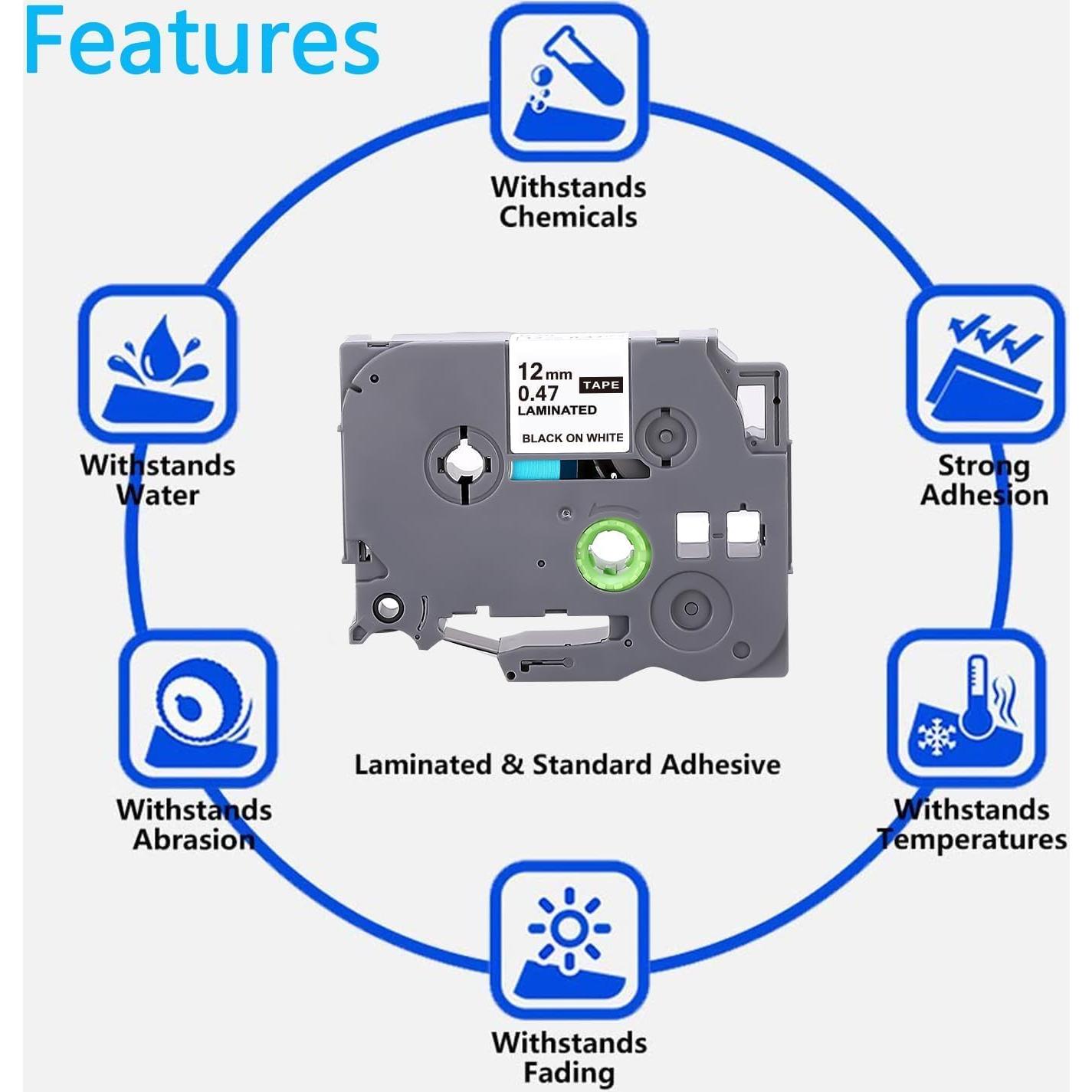 Cinta de Etiqueta JOJOME TZe-231 Negro sobre Blanco 12mm x 8m - 5 Paquetes
