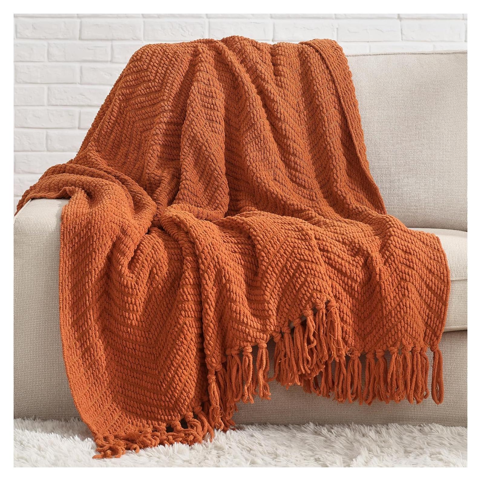 Manta de Lanzar Chenille Bedsure 127x152 cm Naranja Calabaza